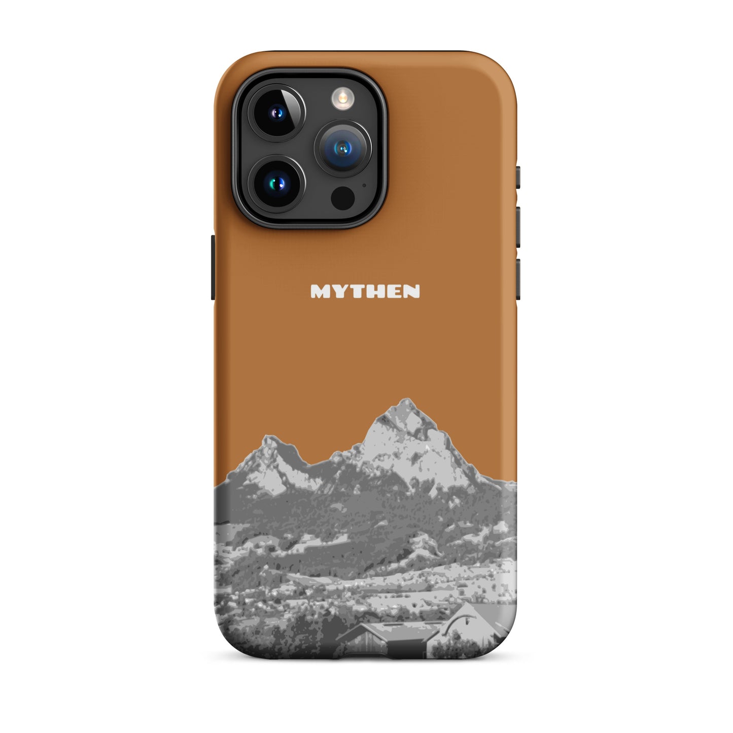 Hülle für das iPhone 15 Pro Max von Apple in der Farbe Kupfer, dass den Grossen Mythen und den Kleinen Mythen bei Schwyz zeigt. 