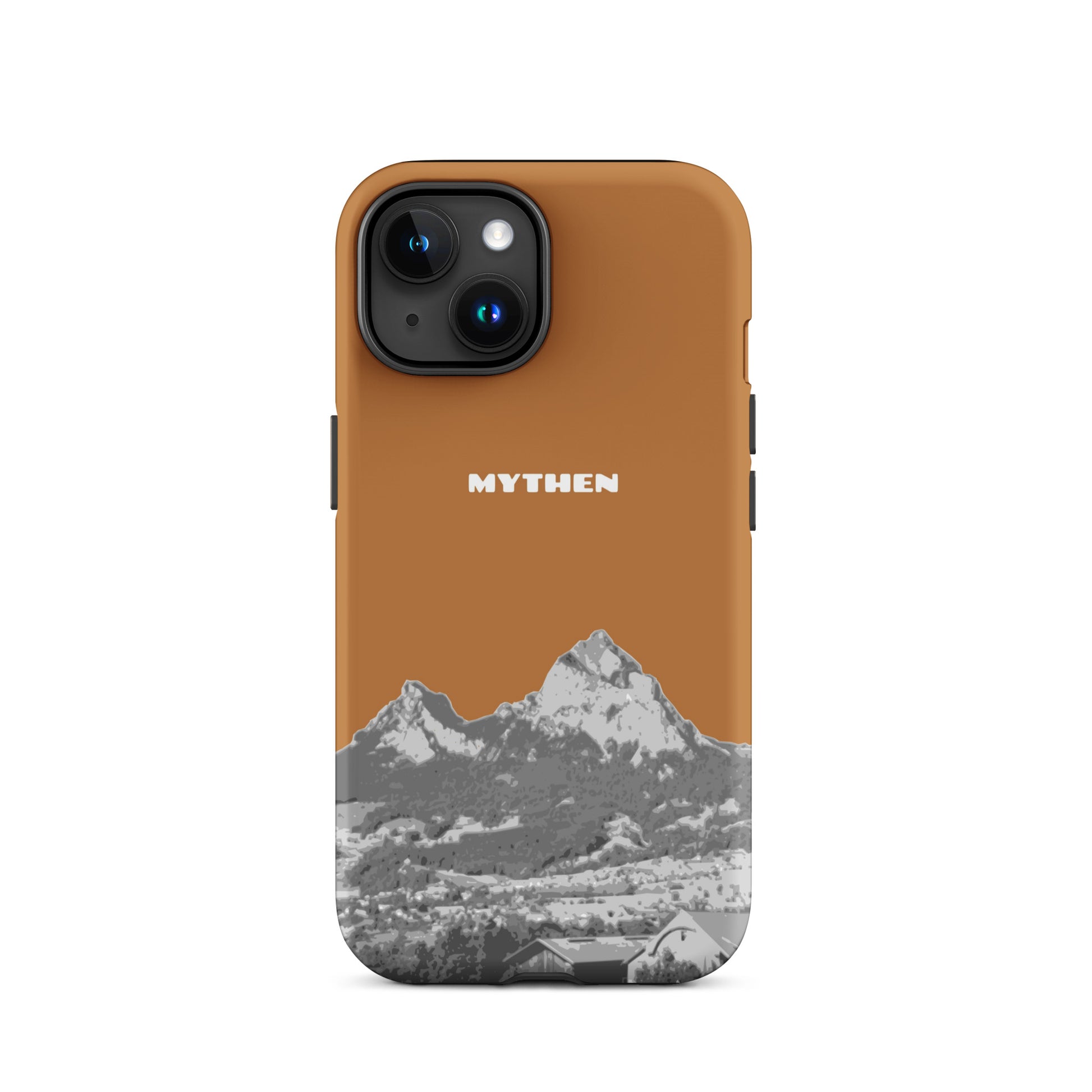 Hülle für das iPhone 15 von Apple in der Farbe Kupfer, dass den Grossen Mythen und den Kleinen Mythen bei Schwyz zeigt. 