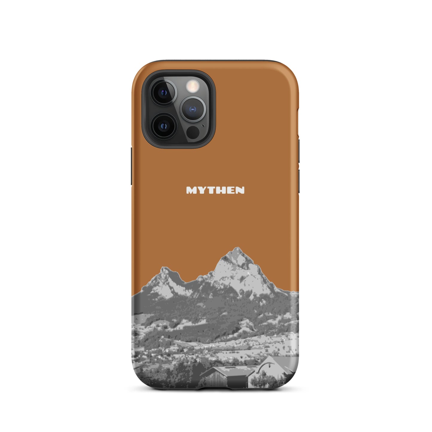 Hülle für das iPhone 12 Pro von Apple in der Farbe Kupfer, dass den Grossen Mythen und den Kleinen Mythen bei Schwyz zeigt. 