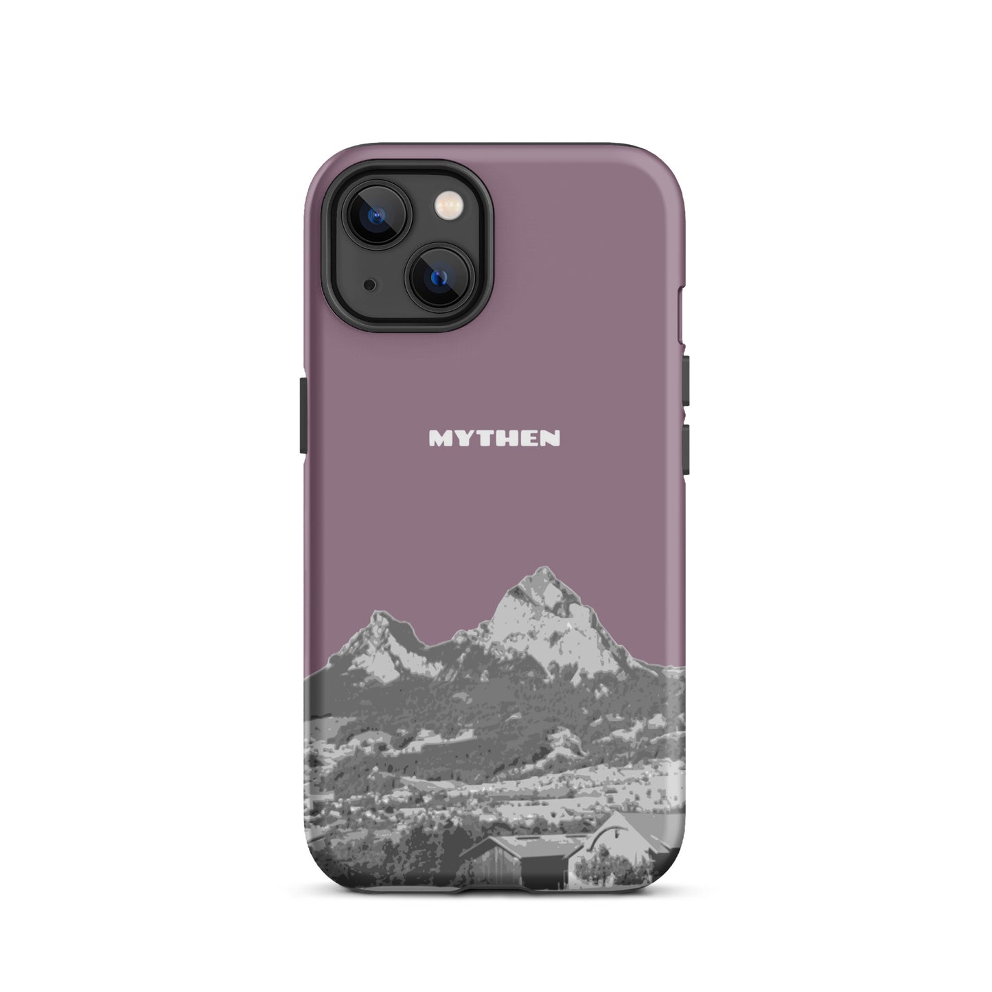 Hülle für das iPhone 13 von Apple in der Farbe Pastellviolett, die den Grossen Mythen und den Kleinen Mythen bei Schwyz zeigt. 