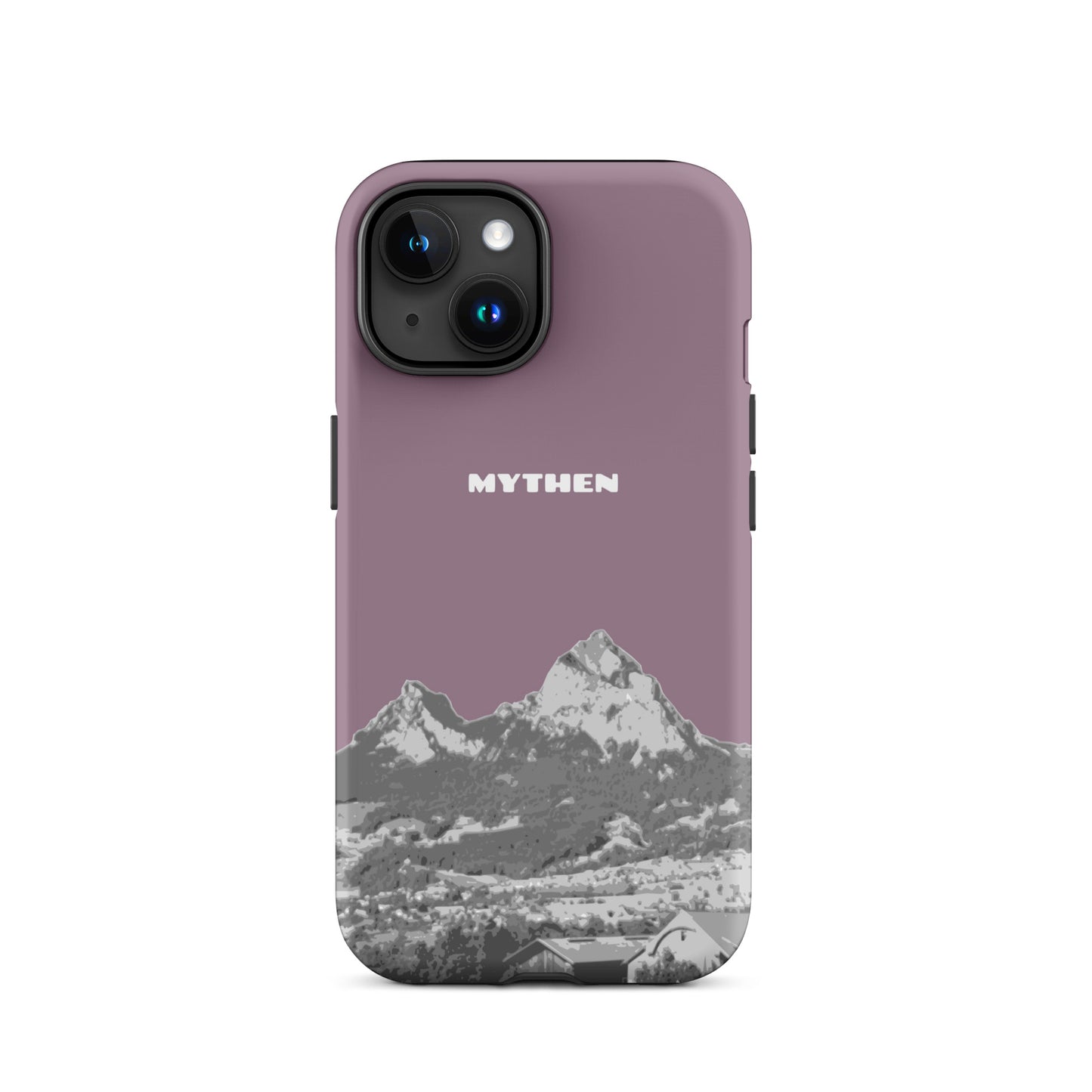 Hülle für das iPhone 15 von Apple in der Farbe Pastellviolett, die den Grossen Mythen und den Kleinen Mythen bei Schwyz zeigt. 