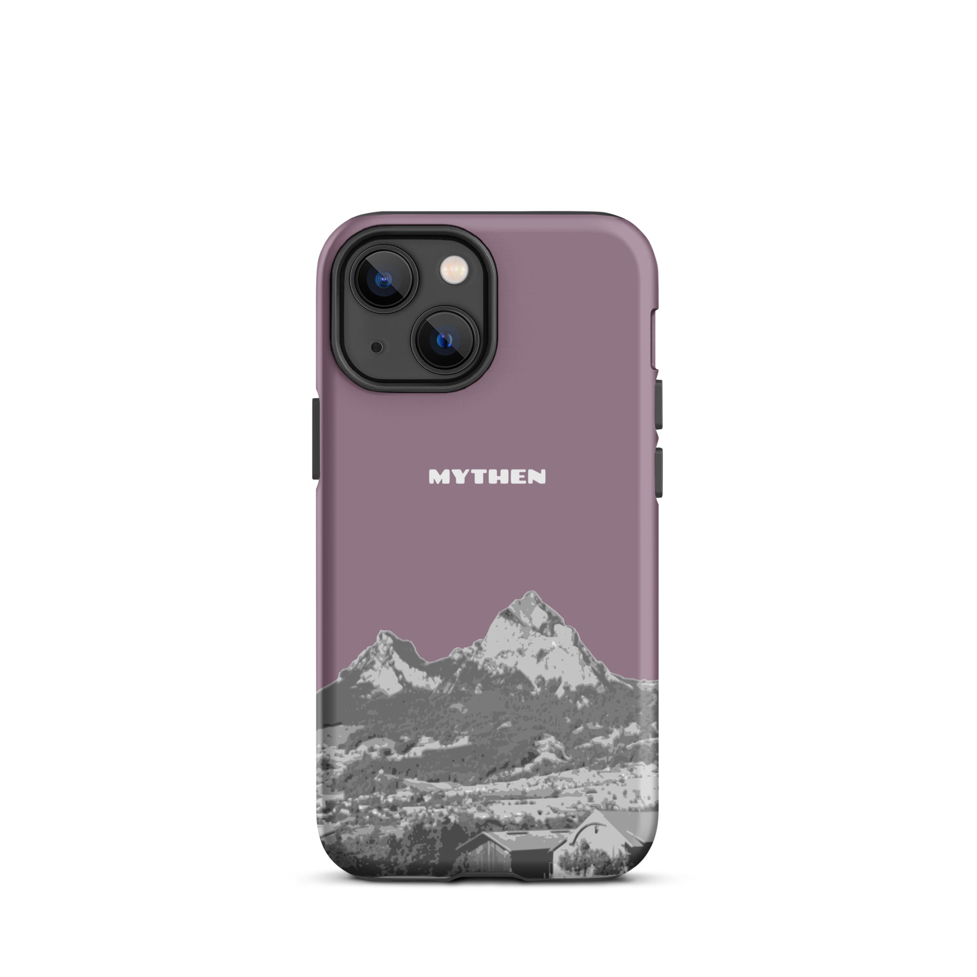 Hülle für das iPhone 13 mini von Apple in der Farbe Pastellviolett, die den Grossen Mythen und den Kleinen Mythen bei Schwyz zeigt. 