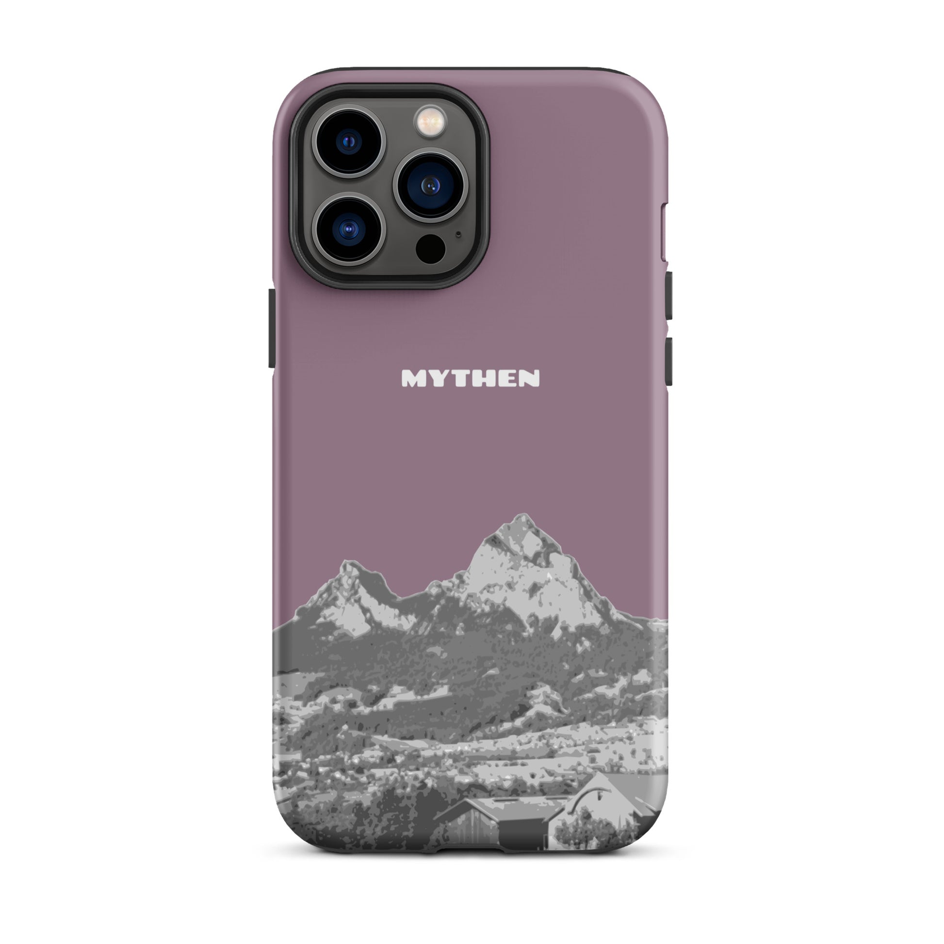 Hülle für das iPhone 13 Pro Max von Apple in der Farbe Pastellviolett, die den Grossen Mythen und den Kleinen Mythen bei Schwyz zeigt. 