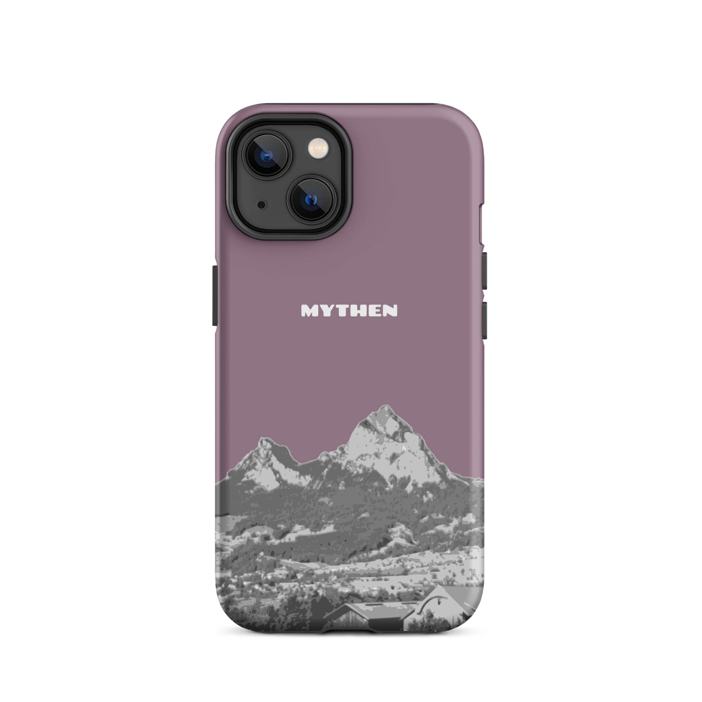 Hülle für das iPhone 14 von Apple in der Farbe Pastellviolett, die den Grossen Mythen und den Kleinen Mythen bei Schwyz zeigt. 