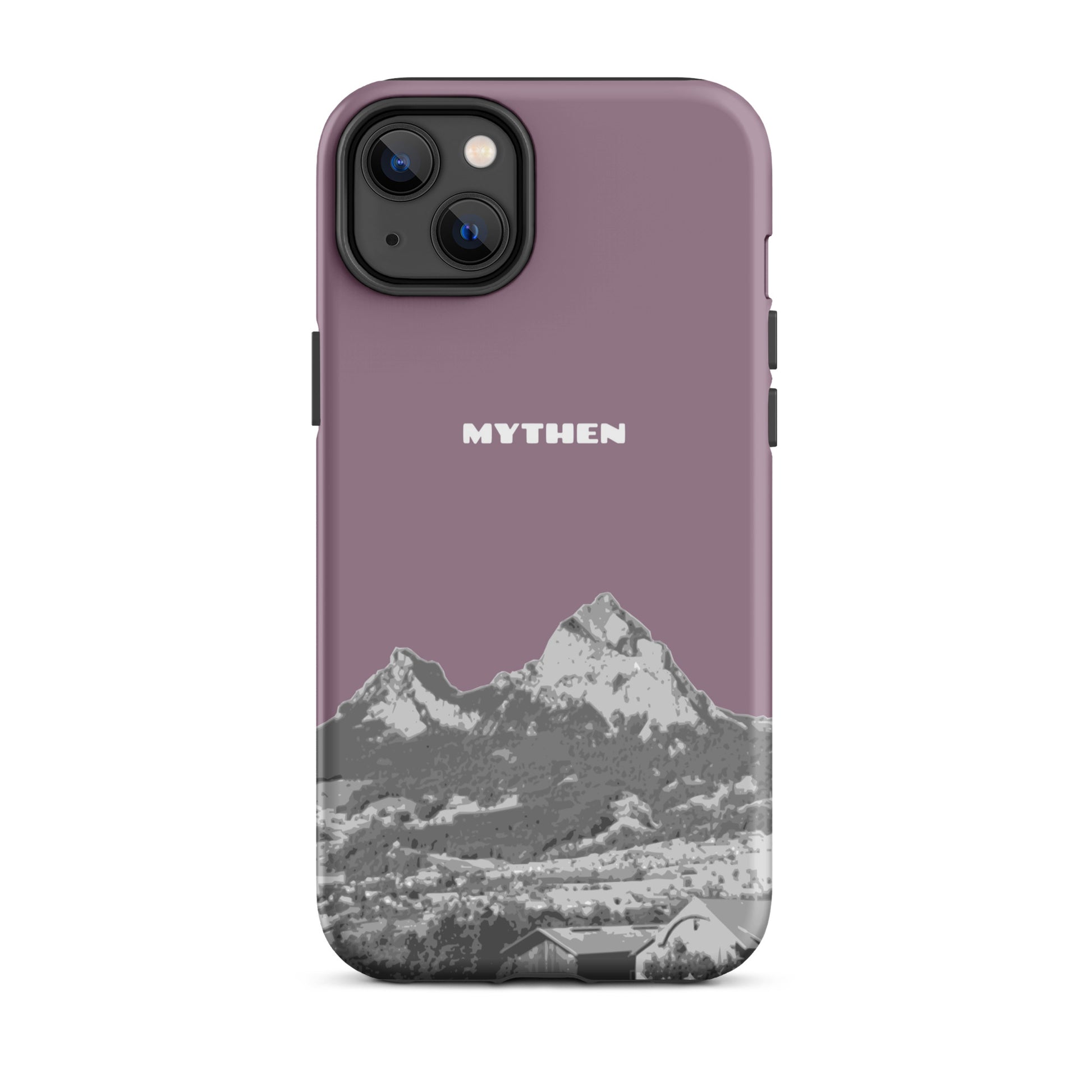 Hülle für das iPhone 14 Plus von Apple in der Farbe Pastellviolett, die den Grossen Mythen und den Kleinen Mythen bei Schwyz zeigt. 