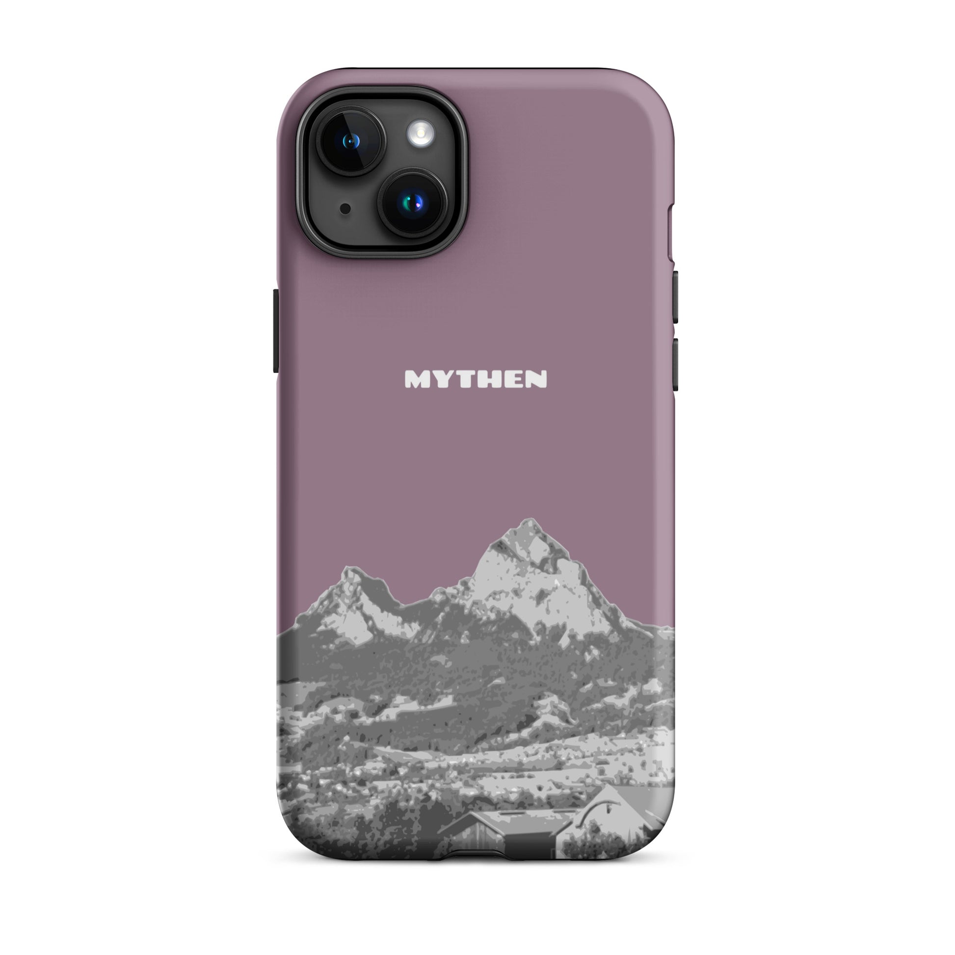 Hülle für das iPhone 15 Plus von Apple in der Farbe Pastellviolett, die den Grossen Mythen und den Kleinen Mythen bei Schwyz zeigt. 
