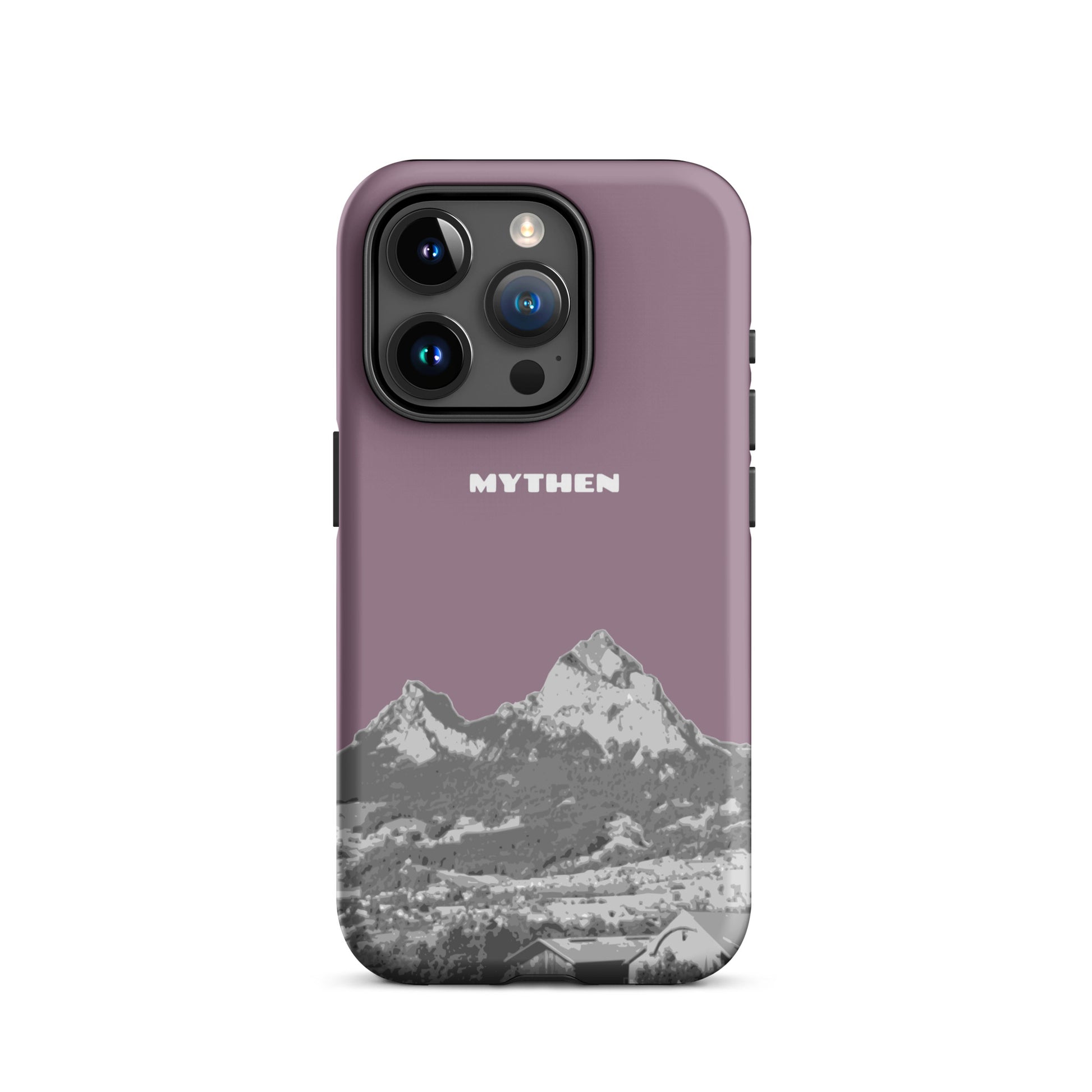Hülle für das iPhone 15 Pro von Apple in der Farbe Pastellviolett, die den Grossen Mythen und den Kleinen Mythen bei Schwyz zeigt. 