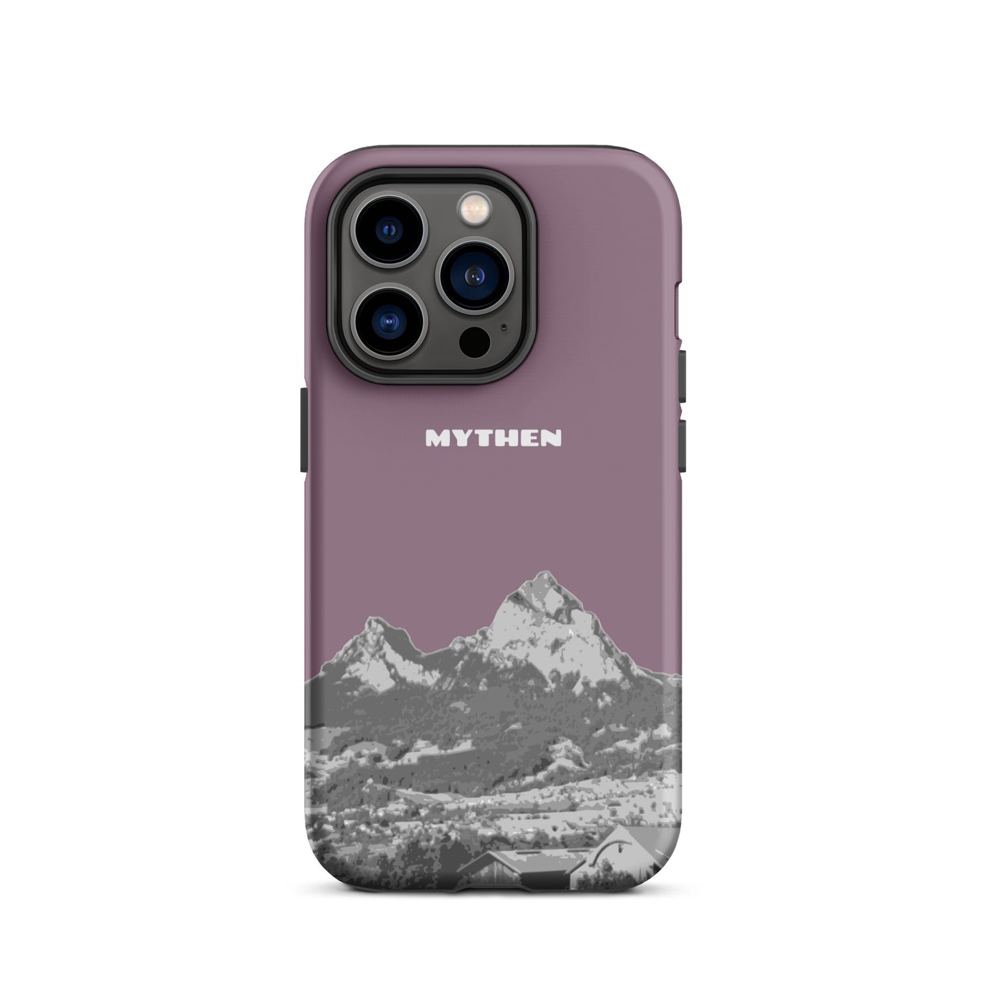 Hülle für das iPhone 14 Pro von Apple in der Farbe Pastellviolett, die den Grossen Mythen und den Kleinen Mythen bei Schwyz zeigt. 