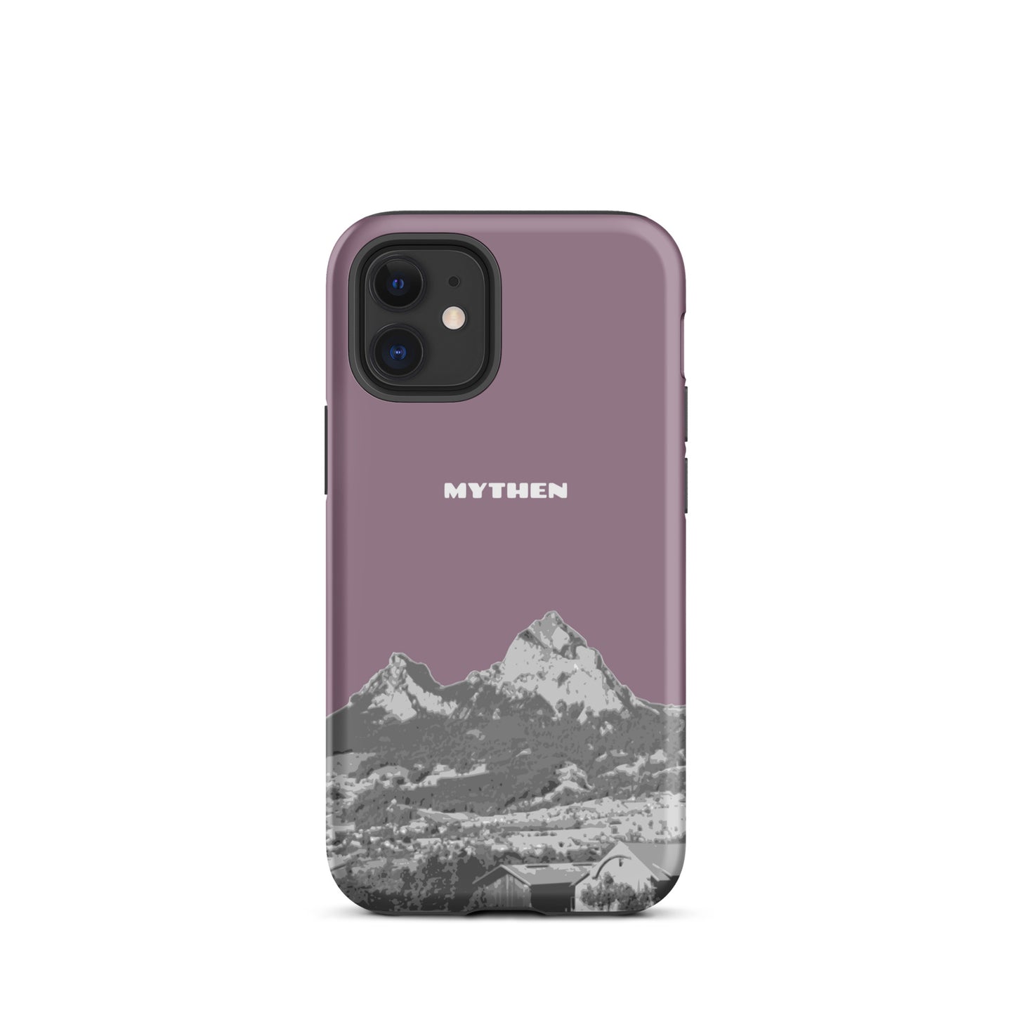 Hülle für das iPhone 12 mini von Apple in der Farbe Pastellviolett, die den Grossen Mythen und den Kleinen Mythen bei Schwyz zeigt. 