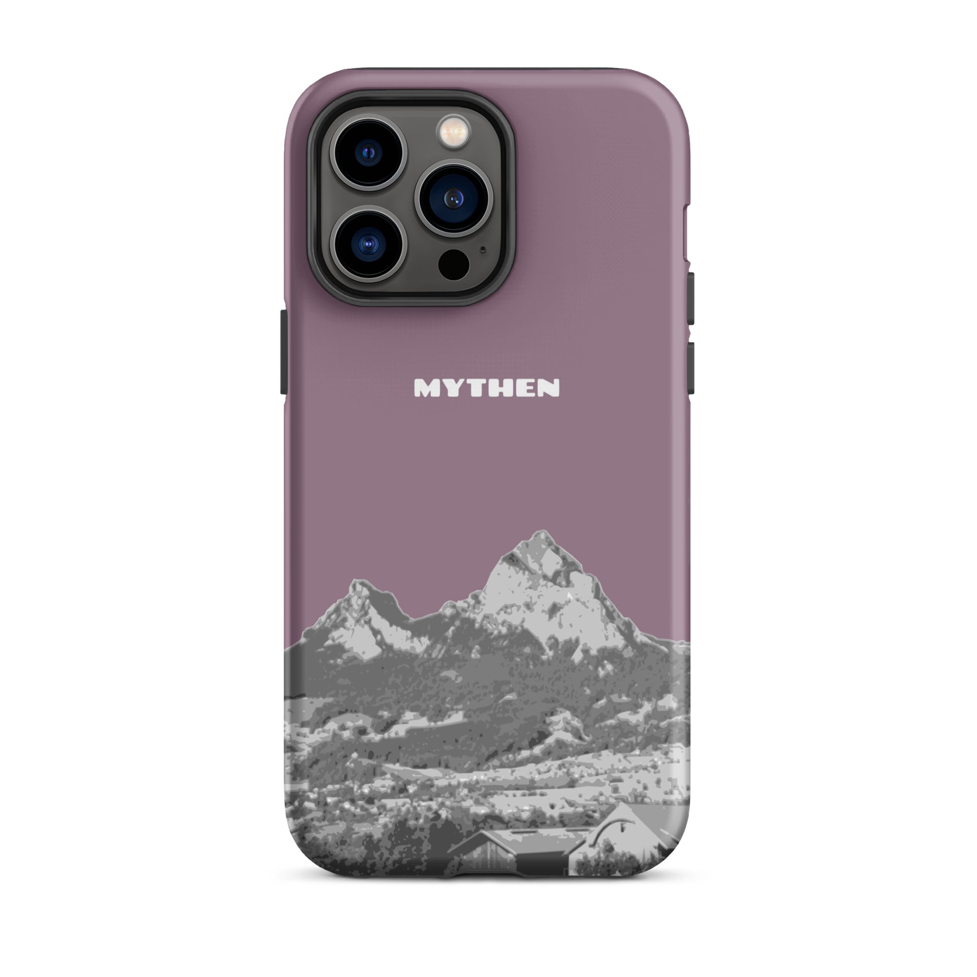 Hülle für das iPhone 14 Pro Max von Apple in der Farbe Pastellviolett, die den Grossen Mythen und den Kleinen Mythen bei Schwyz zeigt. 