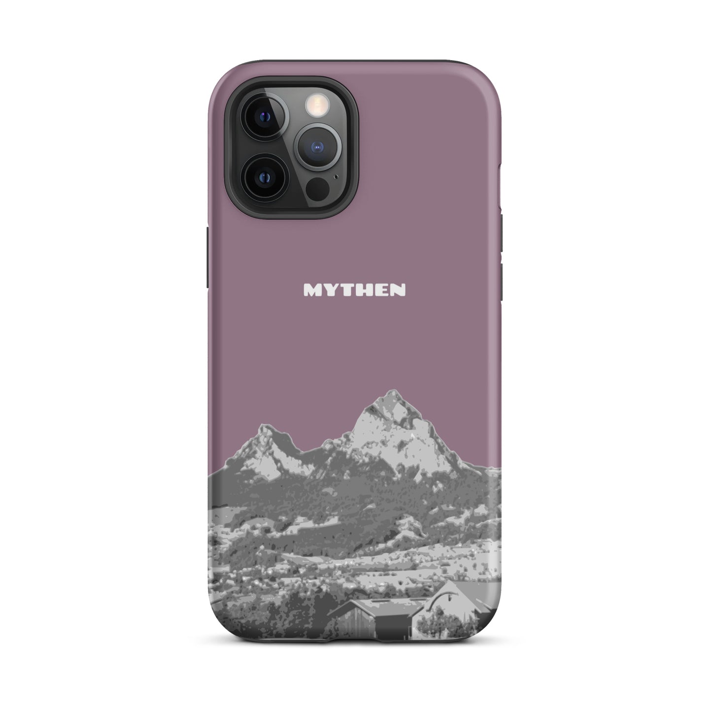 Hülle für das iPhone 12 Pro Max von Apple in der Farbe Pastellviolett, die den Grossen Mythen und den Kleinen Mythen bei Schwyz zeigt. 