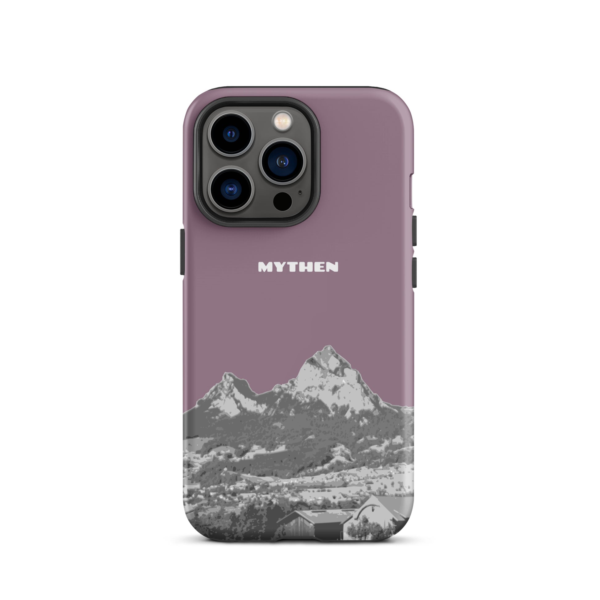 Hülle für das iPhone 13 Pro von Apple in der Farbe Pastellviolett, die den Grossen Mythen und den Kleinen Mythen bei Schwyz zeigt. 