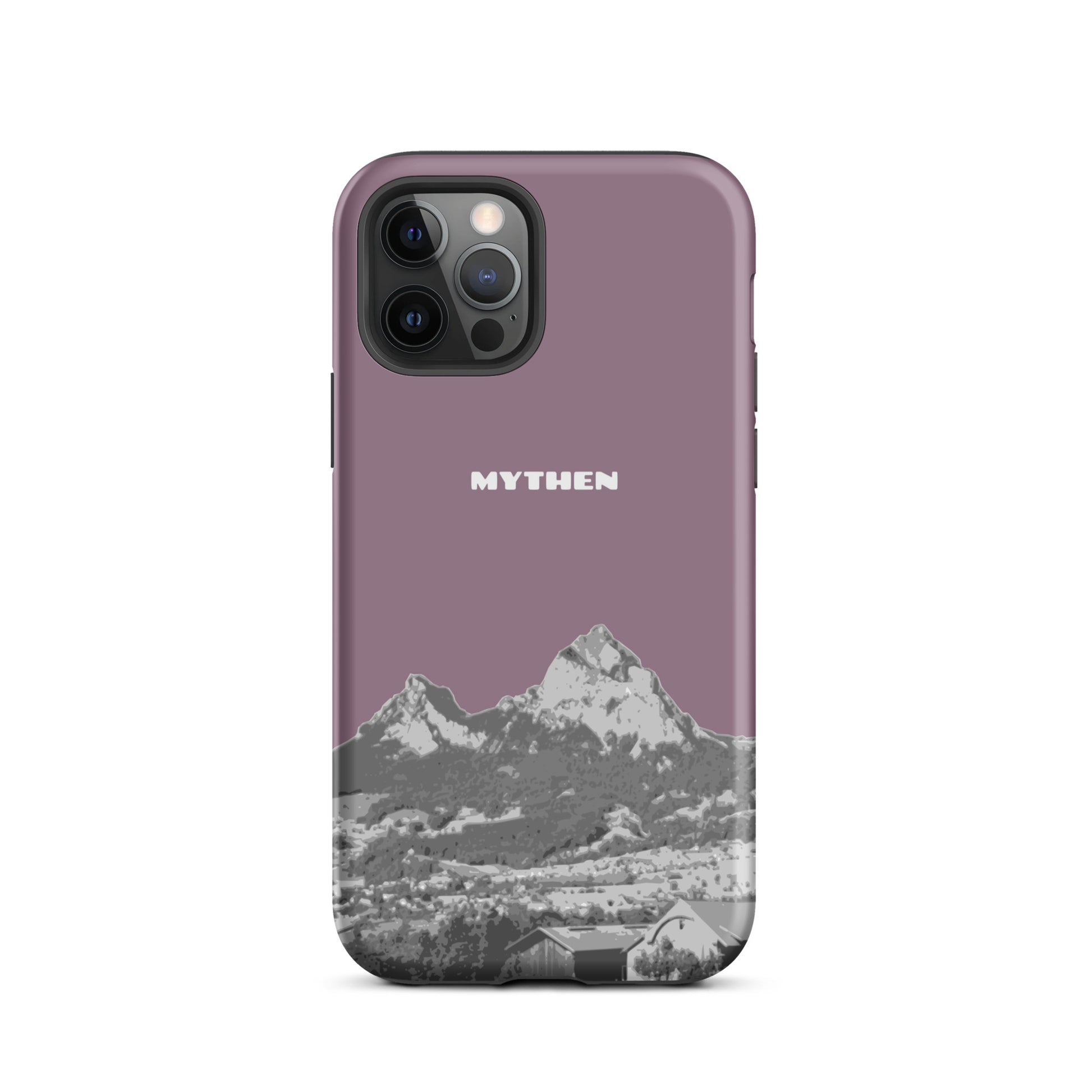 Hülle für das iPhone 12 Pro von Apple in der Farbe Pastellviolett, die den Grossen Mythen und den Kleinen Mythen bei Schwyz zeigt. 
