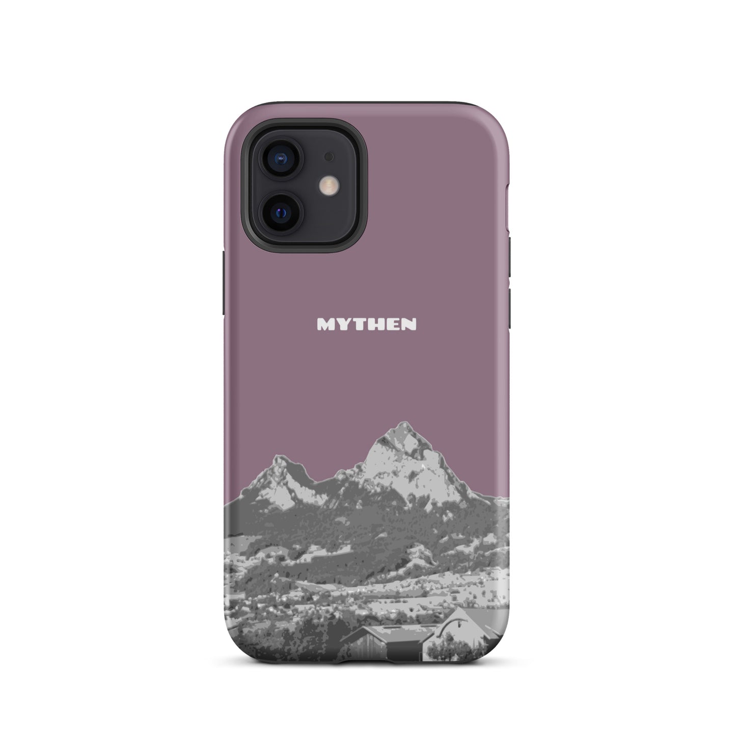 Hülle für das iPhone 12 von Apple in der Farbe Pastellviolett, die den Grossen Mythen und den Kleinen Mythen bei Schwyz zeigt. 