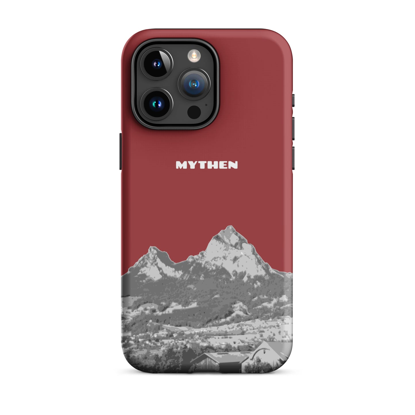 Hülle für das iPhone 15 Pro Max von Apple in der Farbe Rot, die den Grossen Mythen und den Kleinen Mythen bei Schwyz zeigt. 
