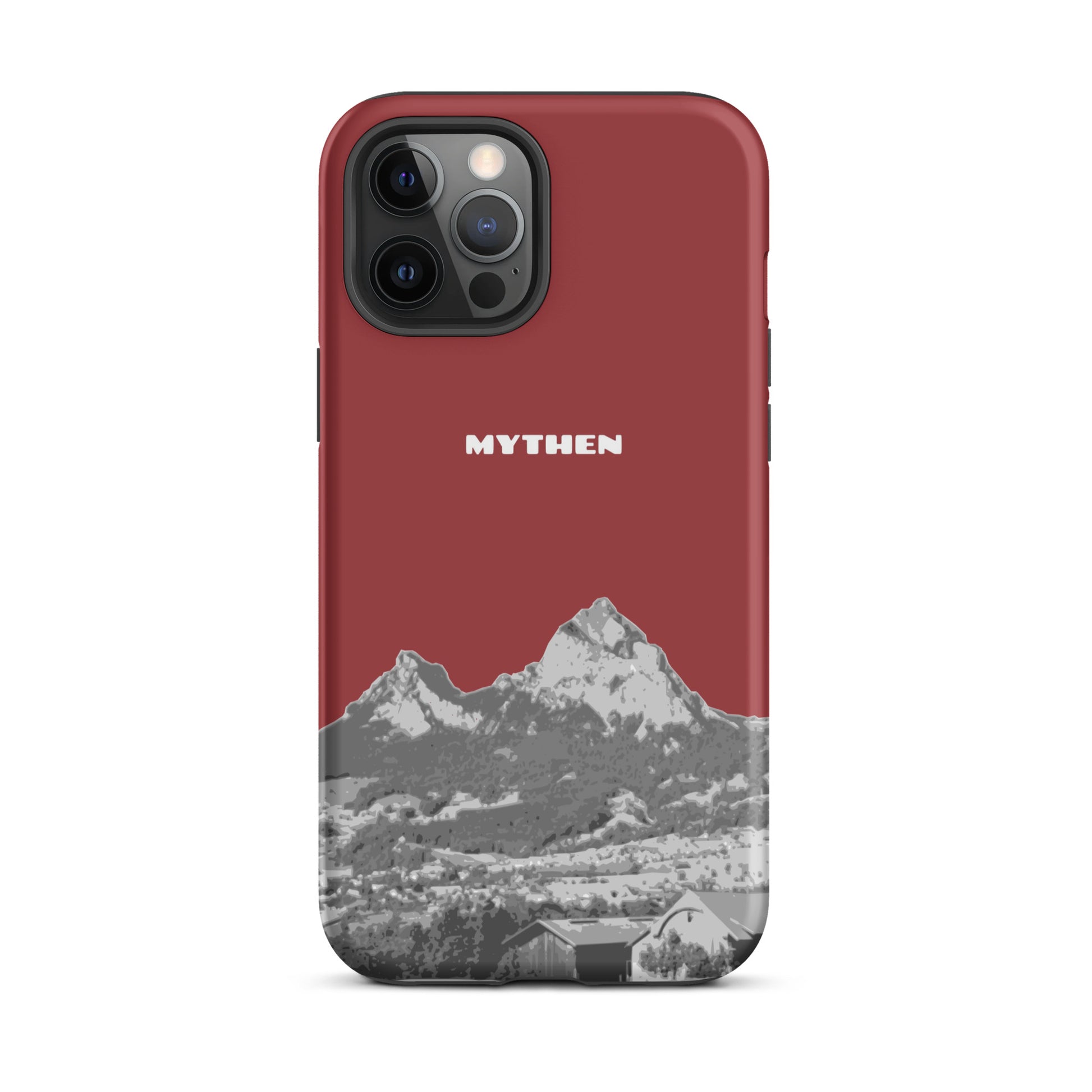 Hülle für das iPhone 12 Pro Max von Apple in der Farbe Rot, die den Grossen Mythen und den Kleinen Mythen bei Schwyz zeigt. 