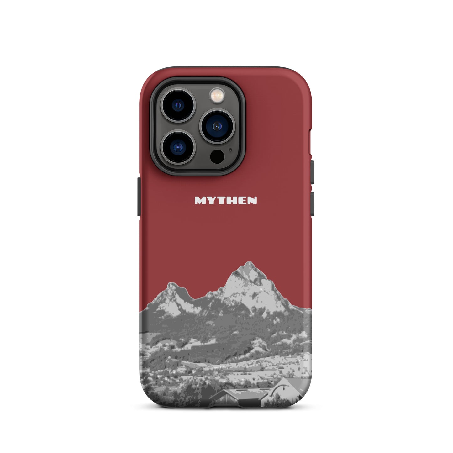 Hülle für das iPhone 14 Pro von Apple in der Farbe Rot, die den Grossen Mythen und den Kleinen Mythen bei Schwyz zeigt. 
