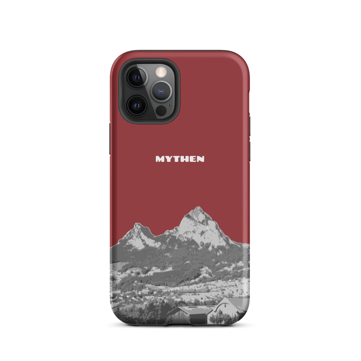 Hülle für das iPhone 12 Pro von Apple in der Farbe Rot, die den Grossen Mythen und den Kleinen Mythen bei Schwyz zeigt. 