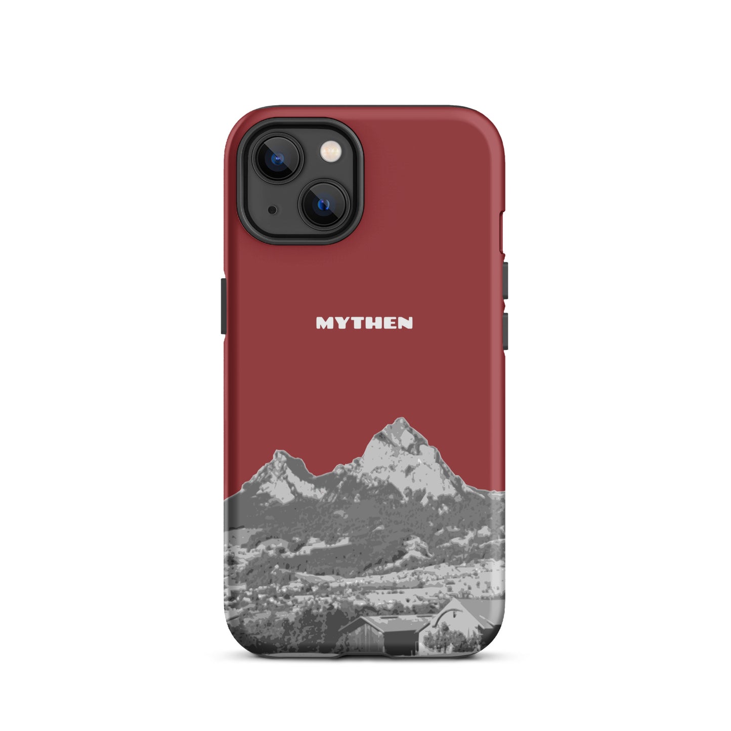 Hülle für das iPhone 13 von Apple in der Farbe Rot, die den Grossen Mythen und den Kleinen Mythen bei Schwyz zeigt. 