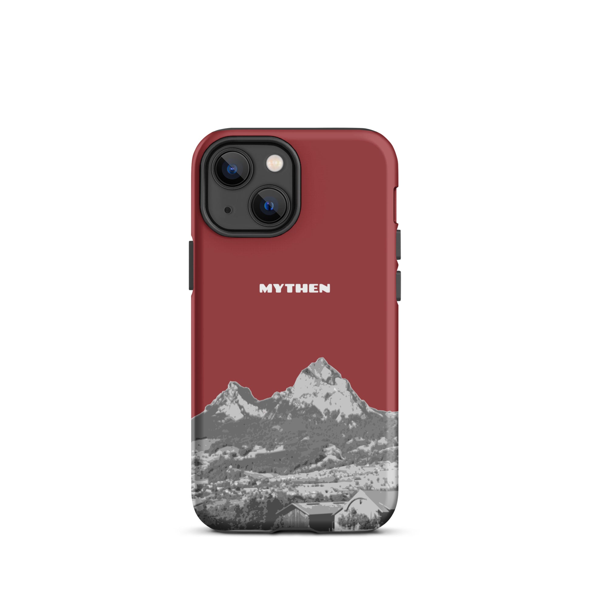 Hülle für das iPhone 13 mini von Apple in der Farbe Rot, die den Grossen Mythen und den Kleinen Mythen bei Schwyz zeigt. 