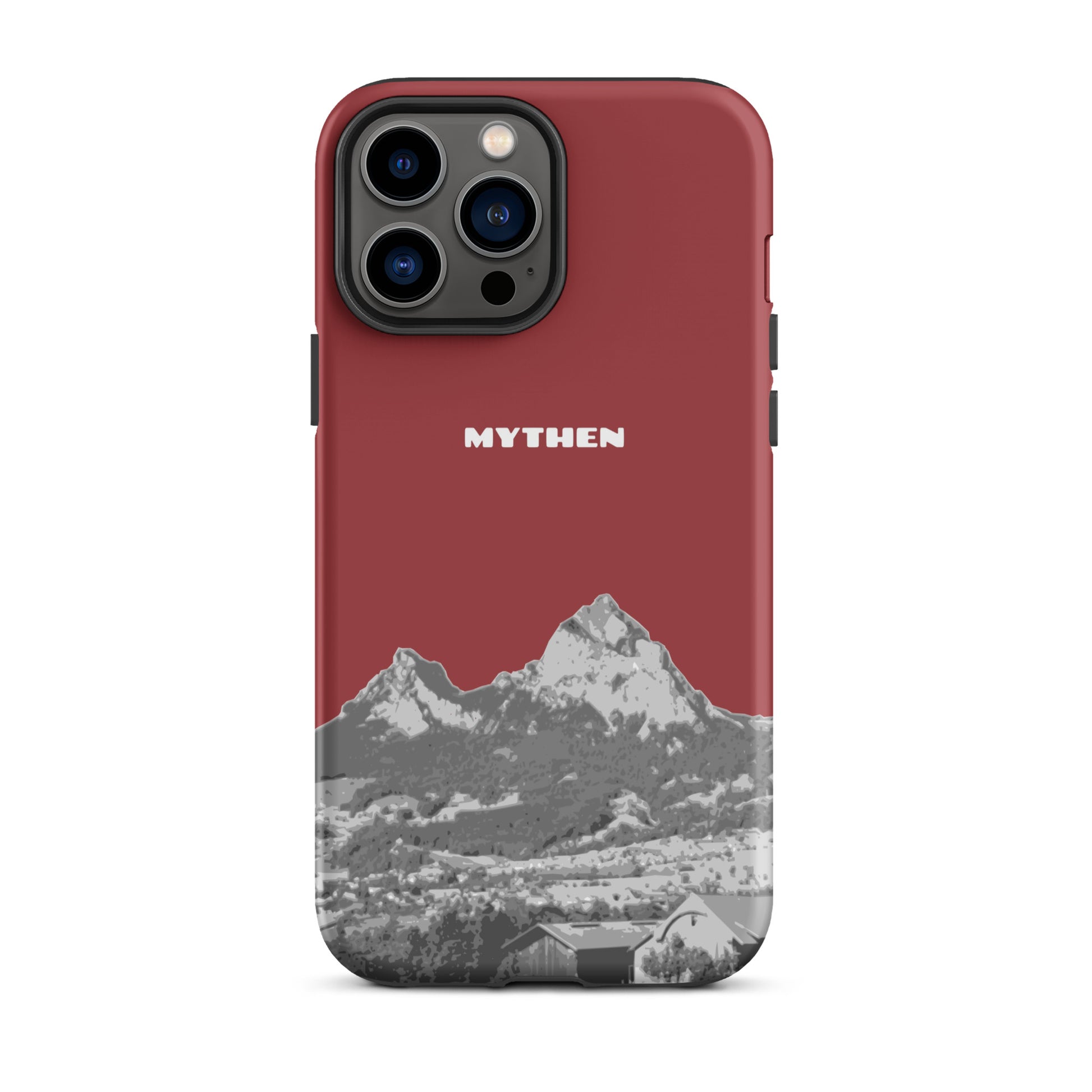 Hülle für das iPhone 13 Pro Max von Apple in der Farbe Rot, die den Grossen Mythen und den Kleinen Mythen bei Schwyz zeigt. 