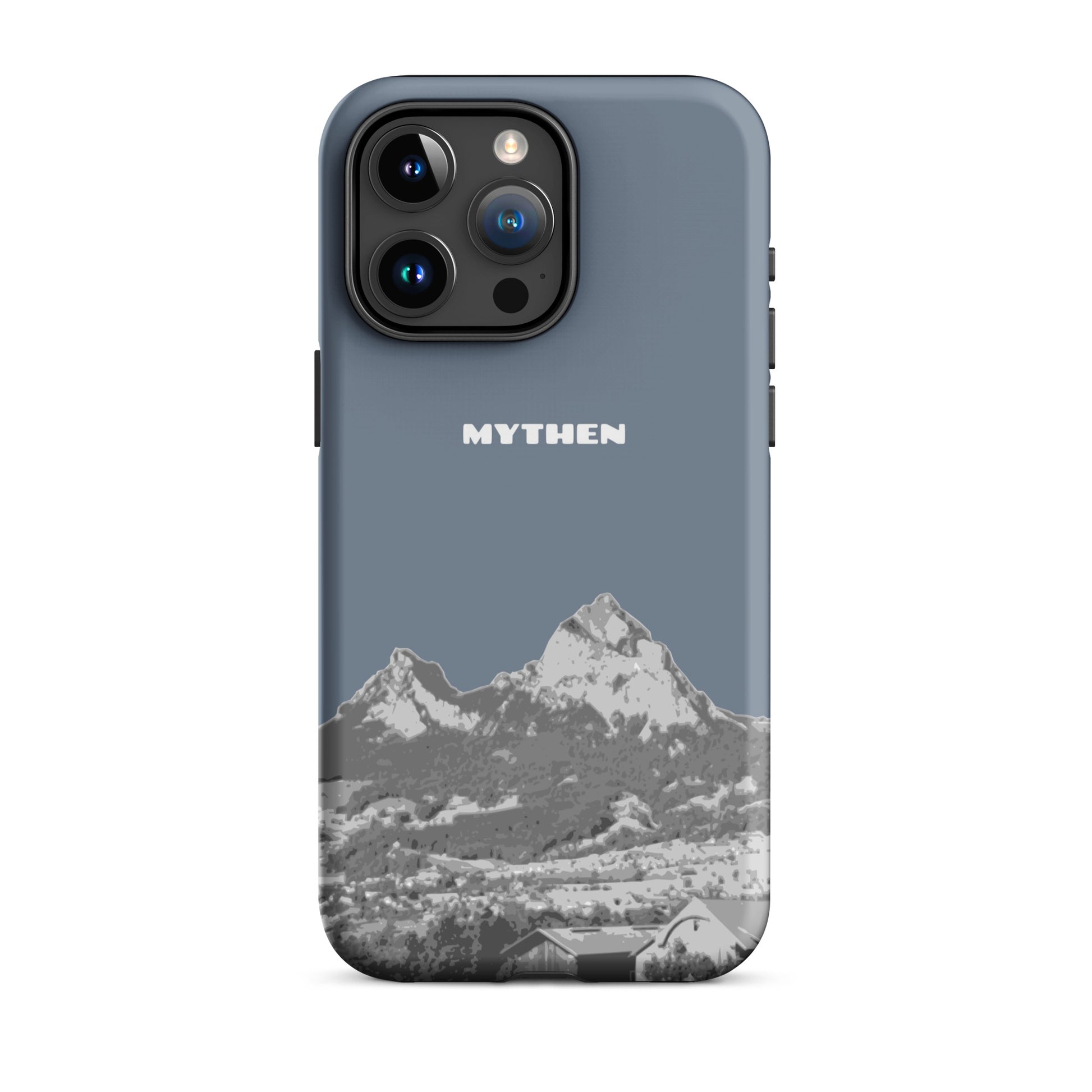 Hülle für das iPhone 15 Pro Max von Apple in der Farbe Schiefergrau, die den Grossen Mythen und den Kleinen Mythen bei Schwyz zeigt. 