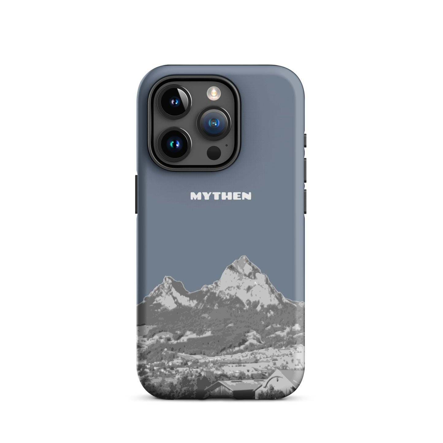 Hülle für das iPhone 15 Pro von Apple in der Farbe Schiefergrau, die den Grossen Mythen und den Kleinen Mythen bei Schwyz zeigt. 