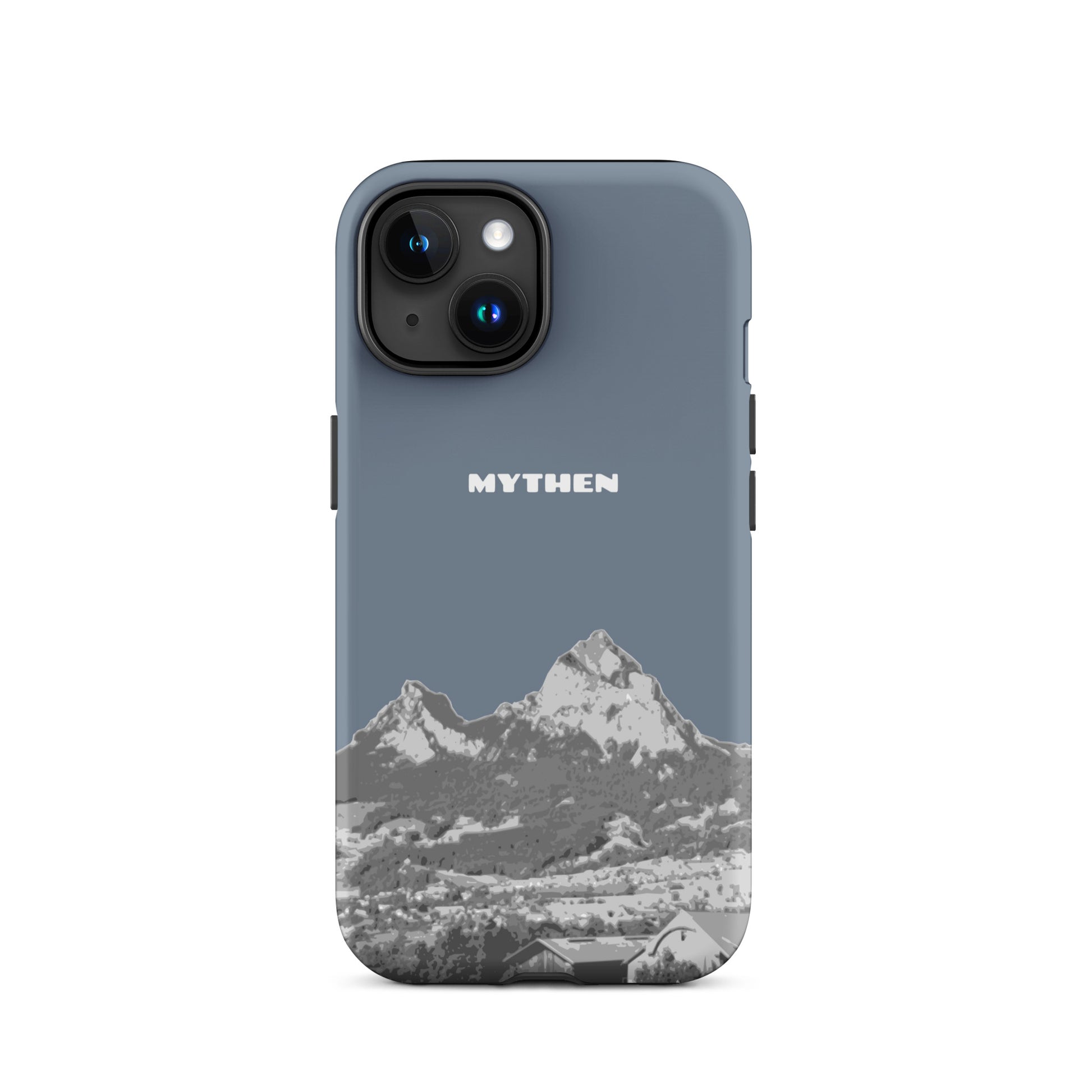 Hülle für das iPhone 15 von Apple in der Farbe Schiefergrau, die den Grossen Mythen und den Kleinen Mythen bei Schwyz zeigt. 