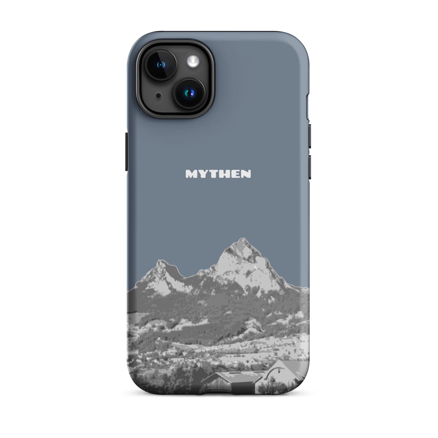 Hülle für das iPhone 15 Plus von Apple in der Farbe Schiefergrau, die den Grossen Mythen und den Kleinen Mythen bei Schwyz zeigt. 