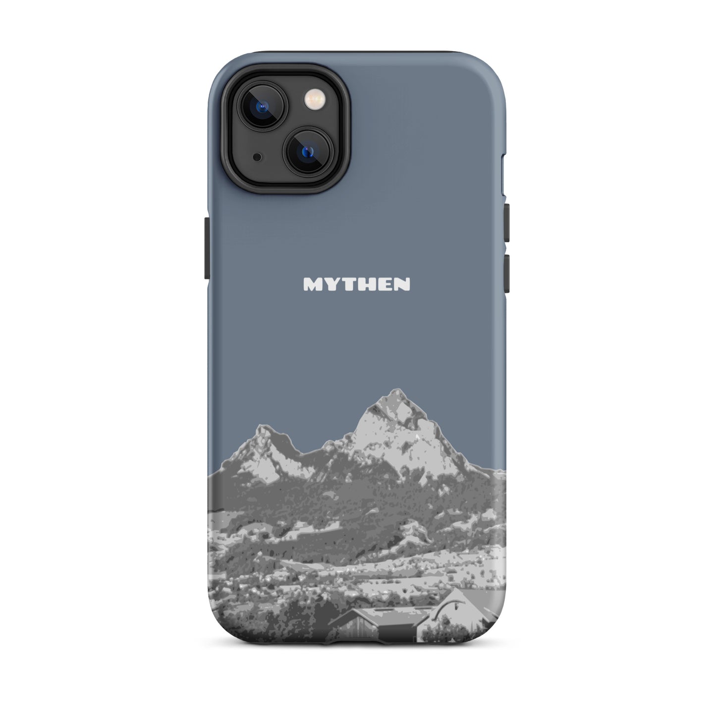 Hülle für das iPhone 14 Plus von Apple in der Farbe Schiefergrau, die den Grossen Mythen und den Kleinen Mythen bei Schwyz zeigt. 