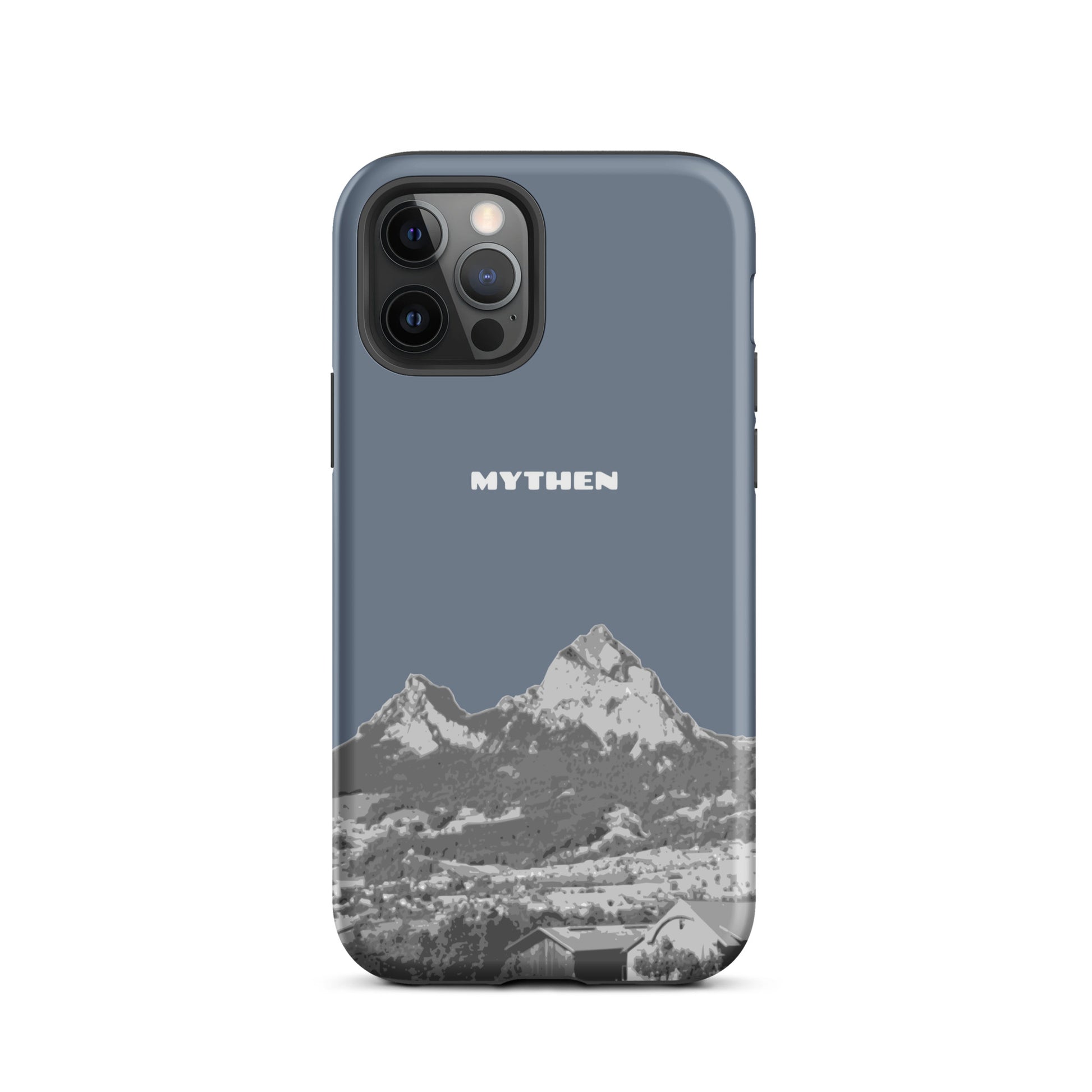 Hülle für das iPhone 12 Pro von Apple in der Farbe Schiefergrau, die den Grossen Mythen und den Kleinen Mythen bei Schwyz zeigt. 