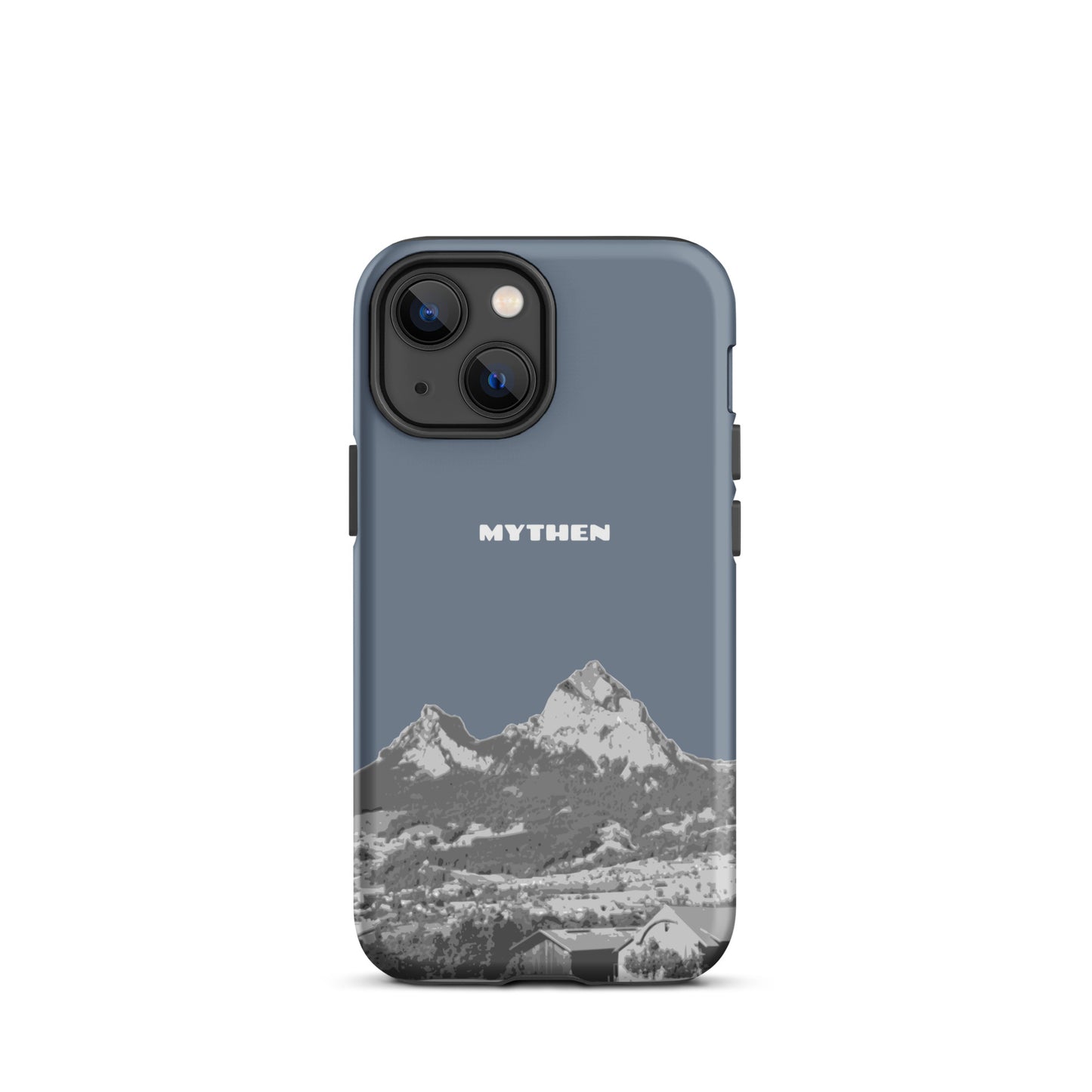 Hülle für das iPhone 13 mini von Apple in der Farbe Schiefergrau, die den Grossen Mythen und den Kleinen Mythen bei Schwyz zeigt. 