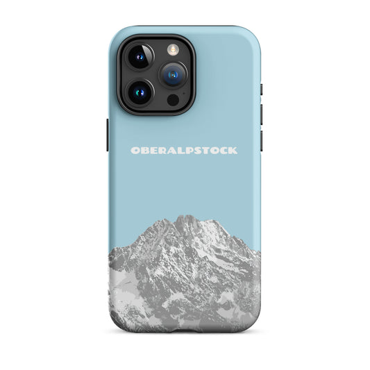 Hülle für das iPhone 15 Pro Max von Apple in der Farbe Hellblau, dass den Oberalpstock in Graubünden zeigt.