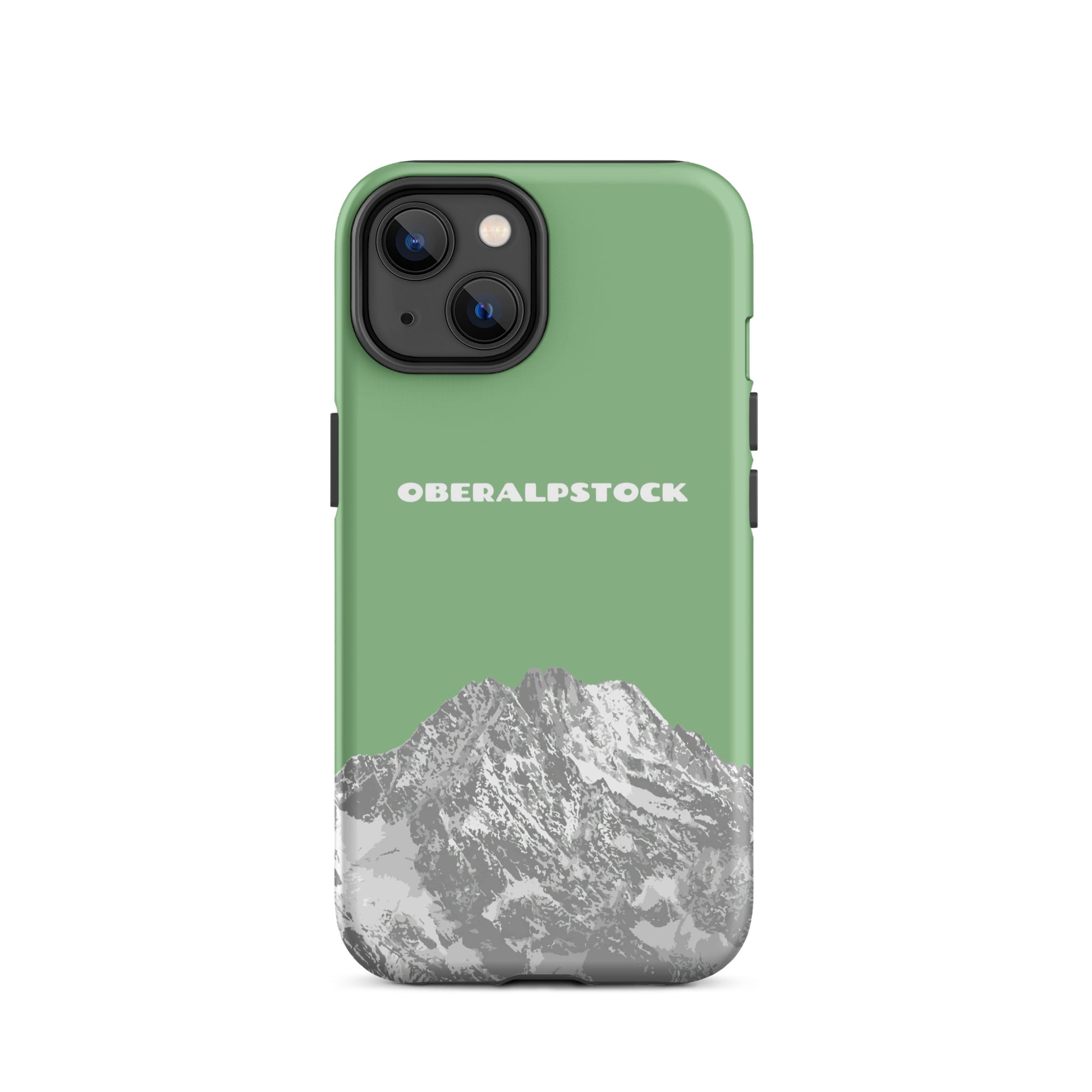 Hellgrüne iPhone 14 Hülle mit Oberalpstock-Motiv aus Graubünden, robustes Design.