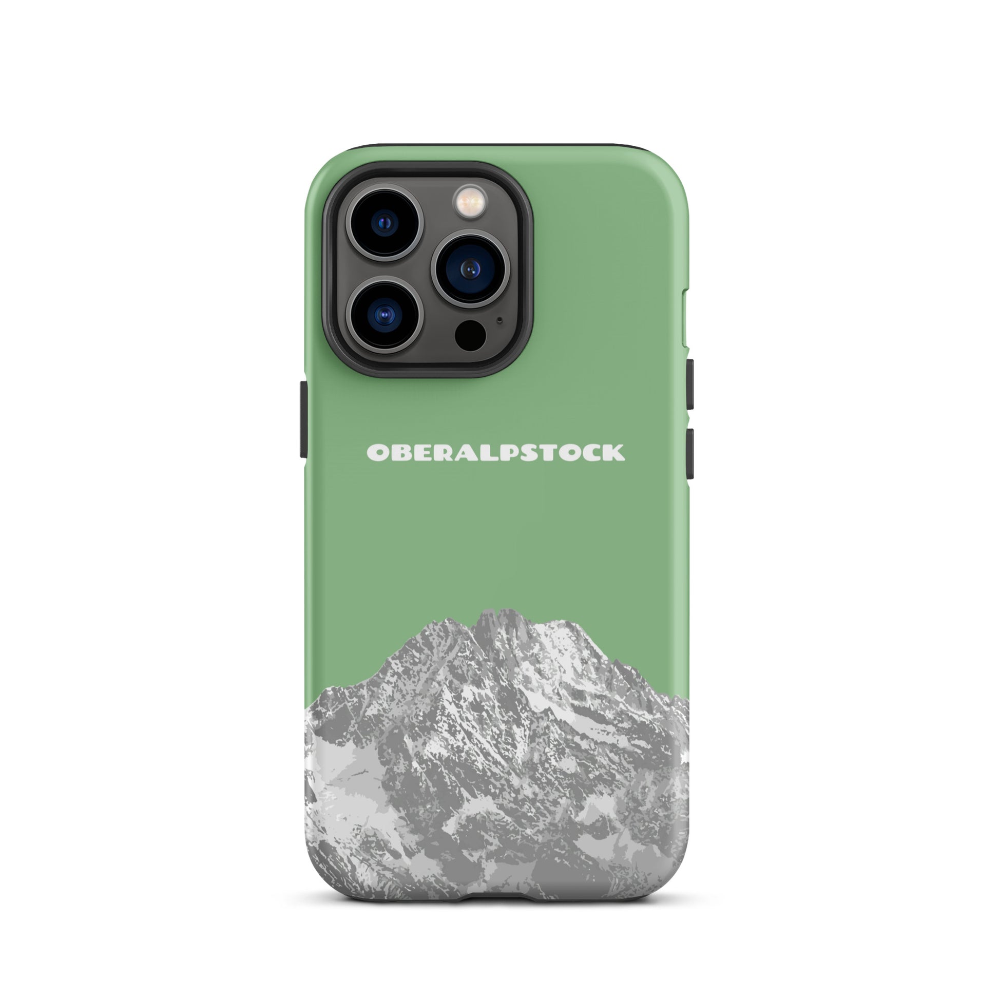 Hellgrüne iPhone 13 Pro Hülle mit Oberalpstock-Motiv aus Graubünden, aus robustem Kunststoff.