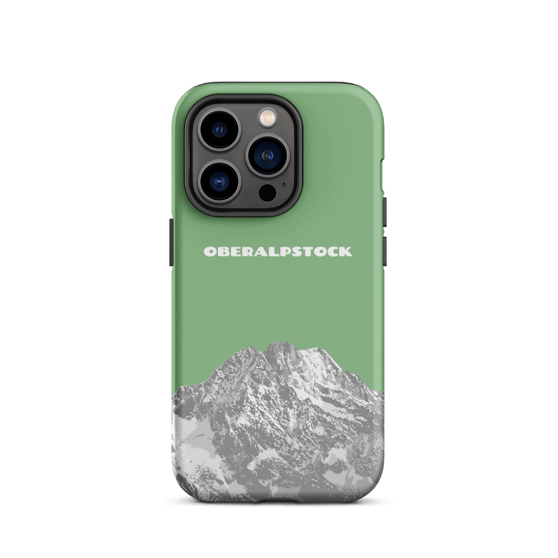 iPhone 14 Pro Hülle in Hellgrün mit Oberalpstock-Motiv aus Graubünden, Schweiz.