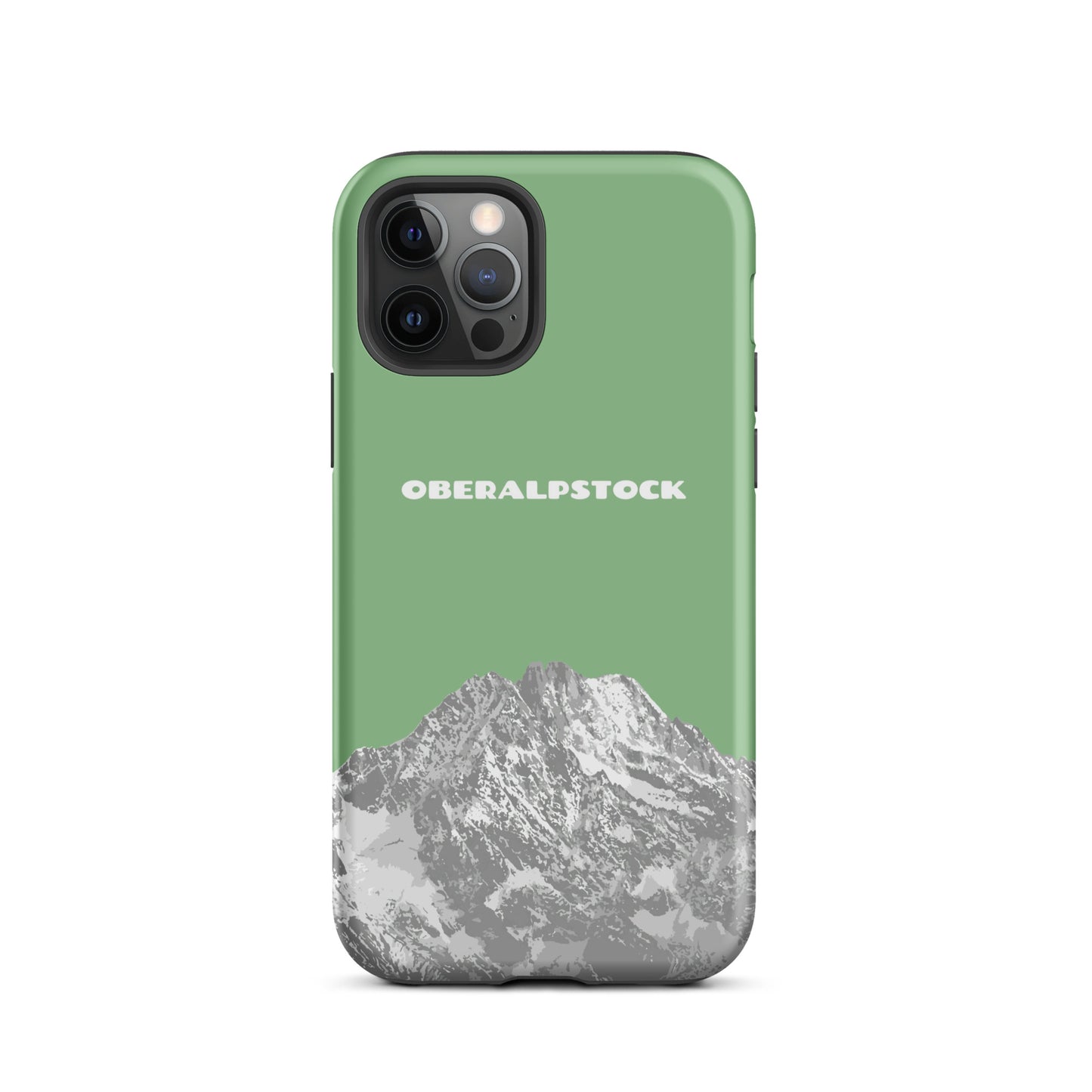 Hellgrüne iPhone 12 Pro Handyhülle mit Oberalpstock-Motiv aus Graubünden, robustes Design.