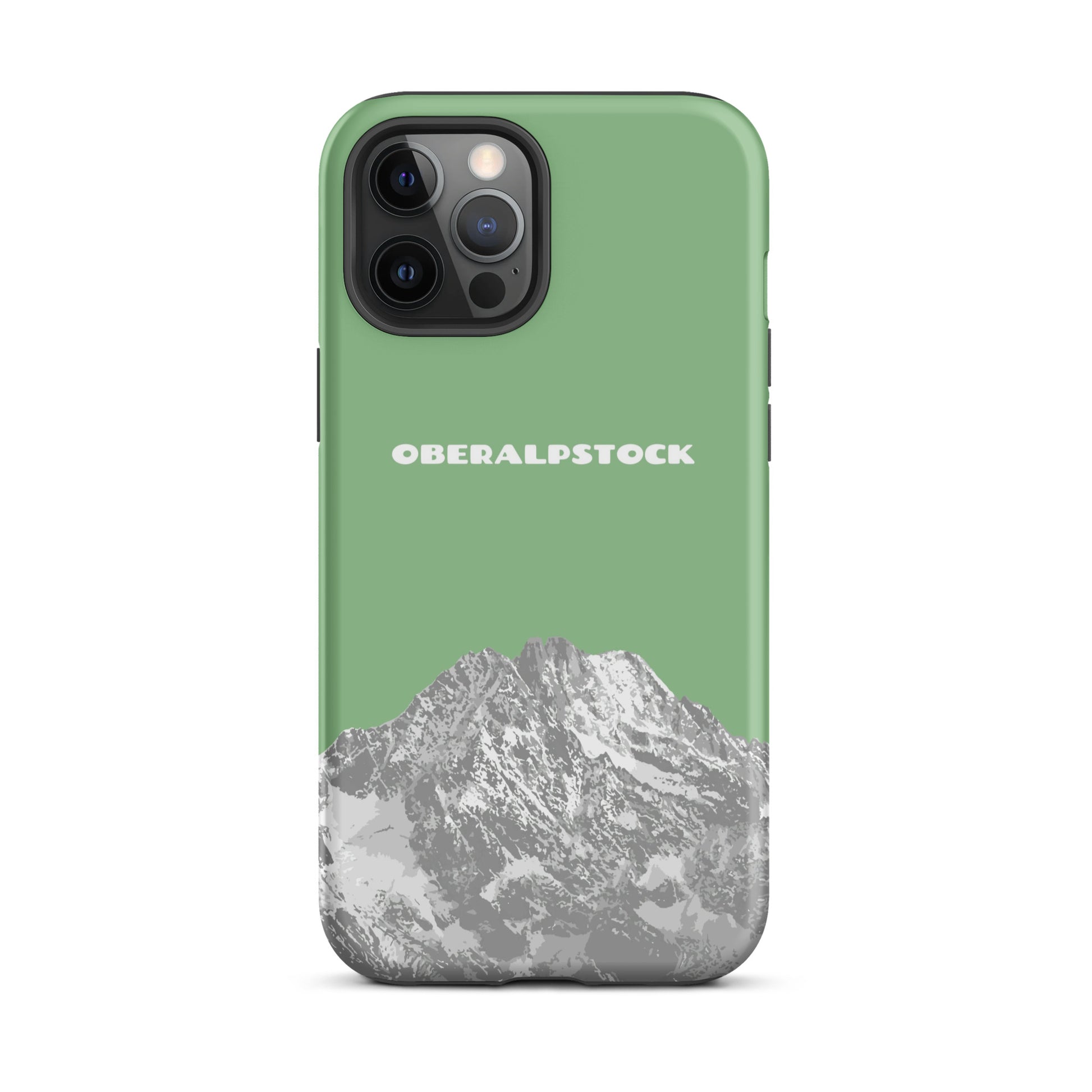iPhone 12 Pro Max Hülle in Hellgrün mit Oberalpstock-Motiv aus Graubünden, robustes Design.