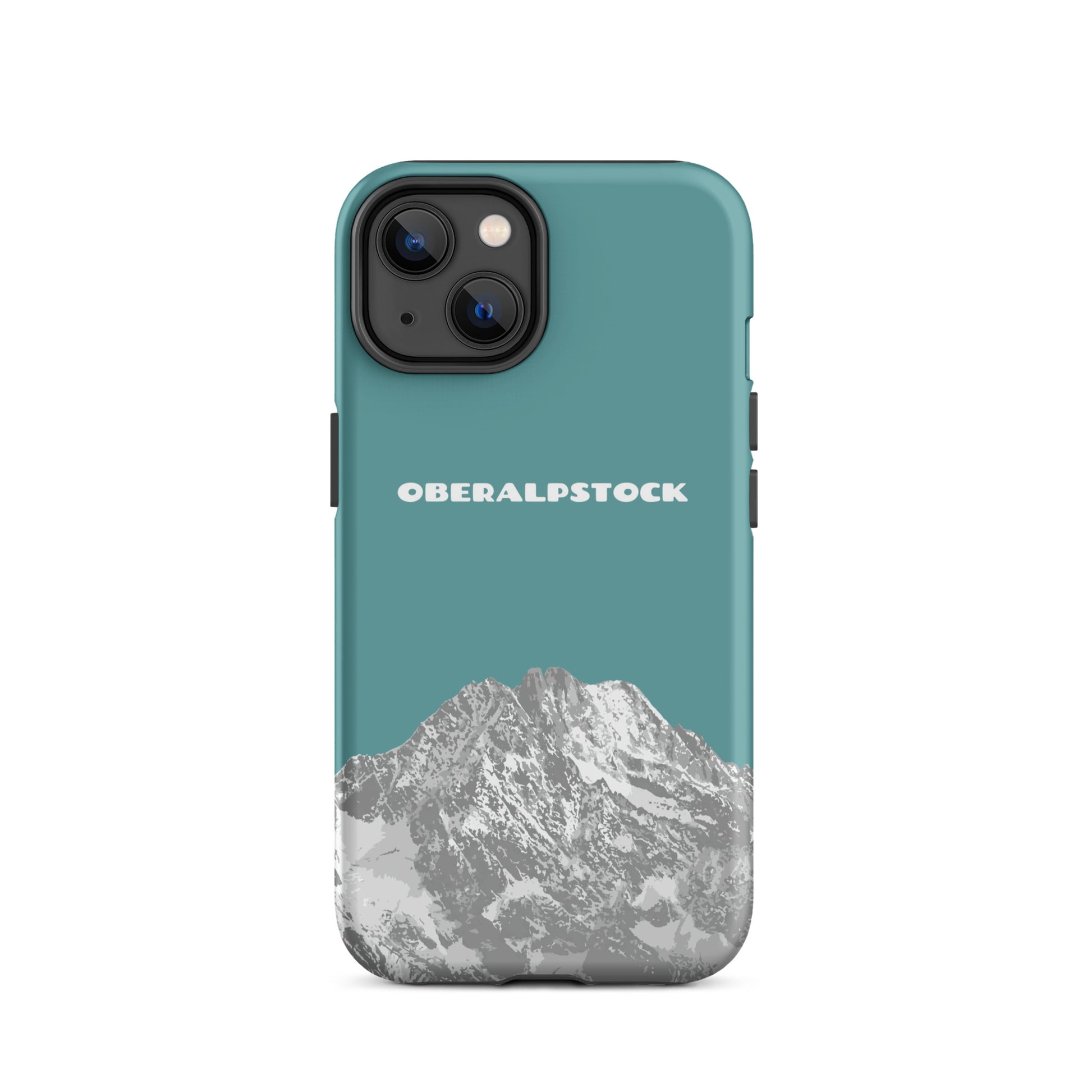 iPhone 14 Hülle in Kadettenblau mit Oberalpstock-Motiv aus Graubünden.