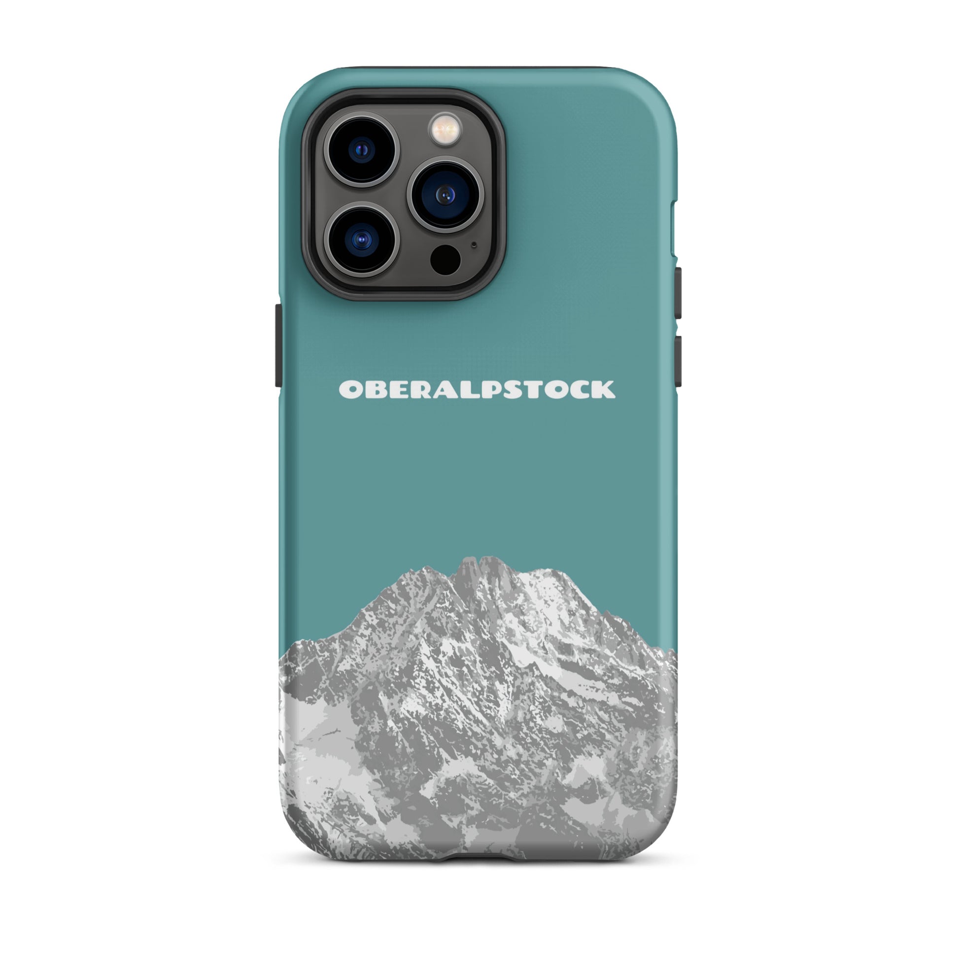 iPhone 14 Pro Max Handyhülle in Kadettenblau mit Oberalpstock-Motiv aus Graubünden.