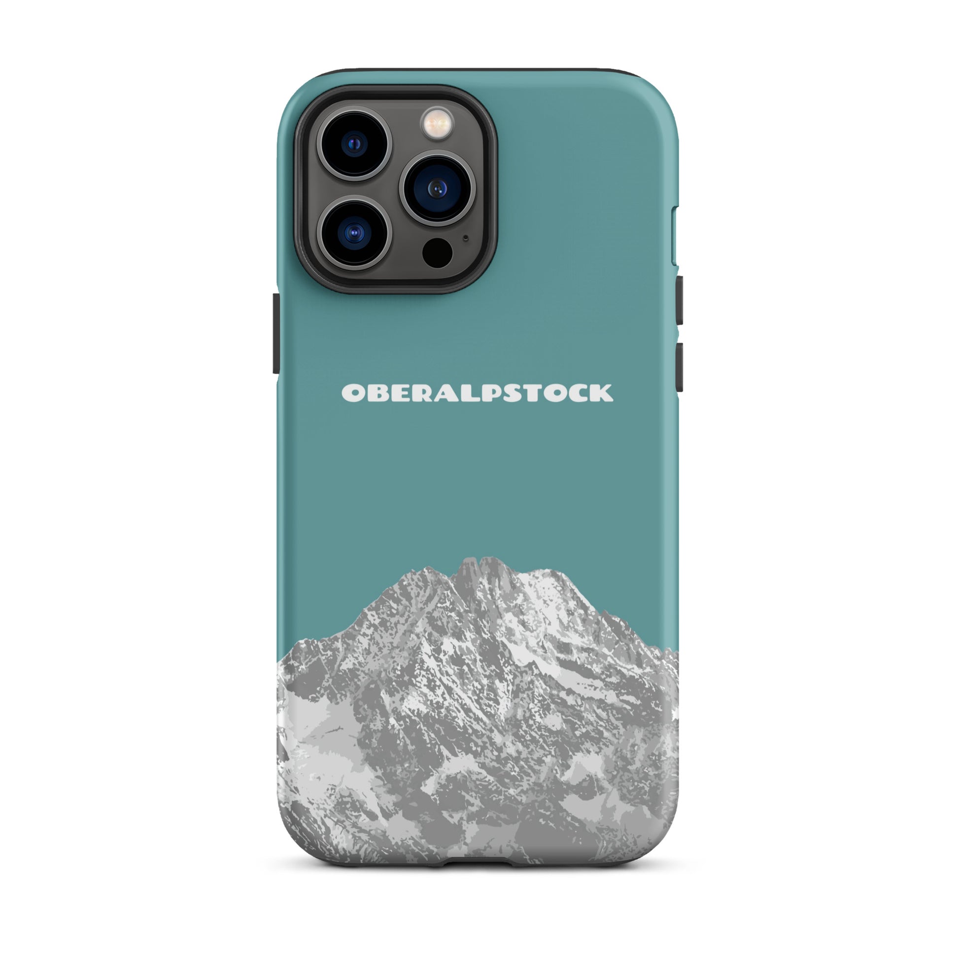 iPhone 13 Pro Max Hülle in Kadettenblau mit Oberalpstock-Motiv aus Graubünden.
