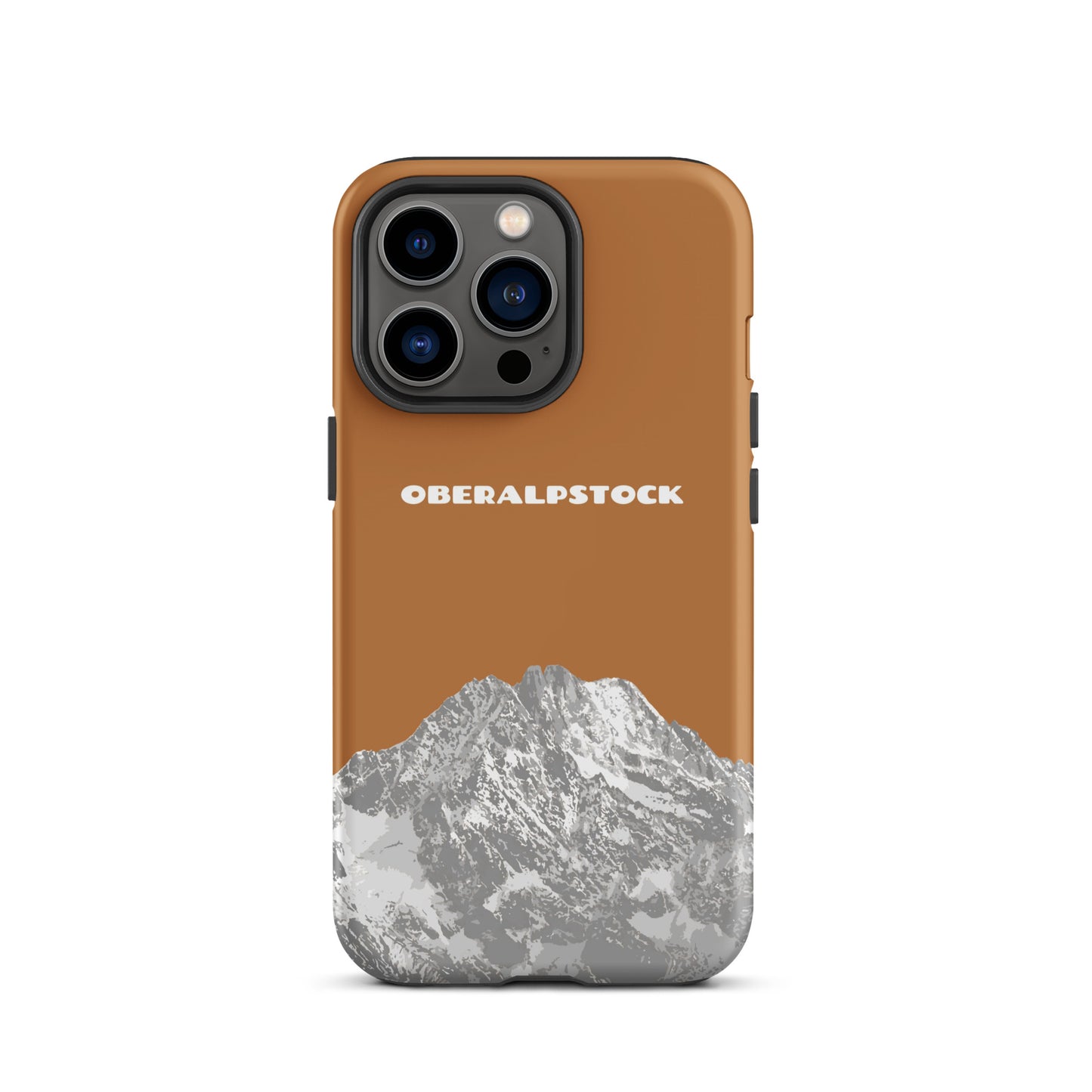 Kupferfarbene iPhone 13 Pro Hülle mit Oberalpstock-Motiv aus Graubünden, robust und stilvoll.