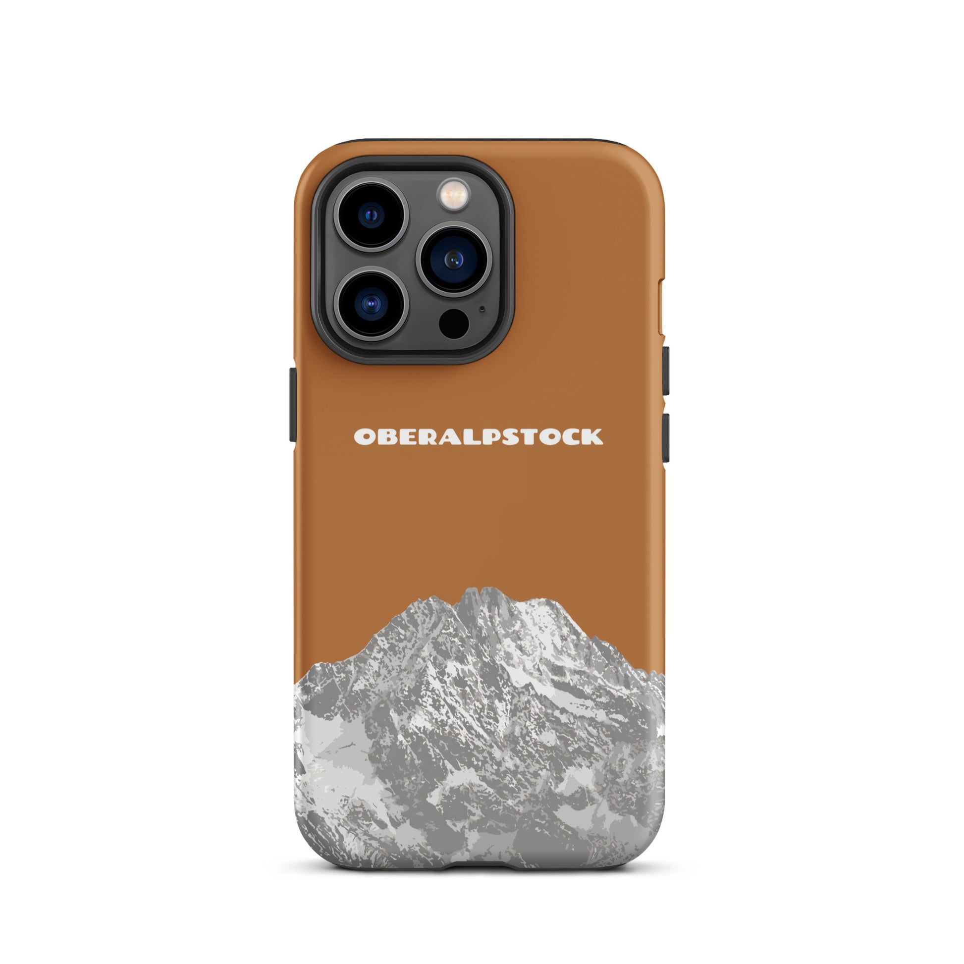 Kupferfarbene iPhone 13 Pro Hülle mit Oberalpstock-Motiv aus Graubünden, robust und stilvoll.