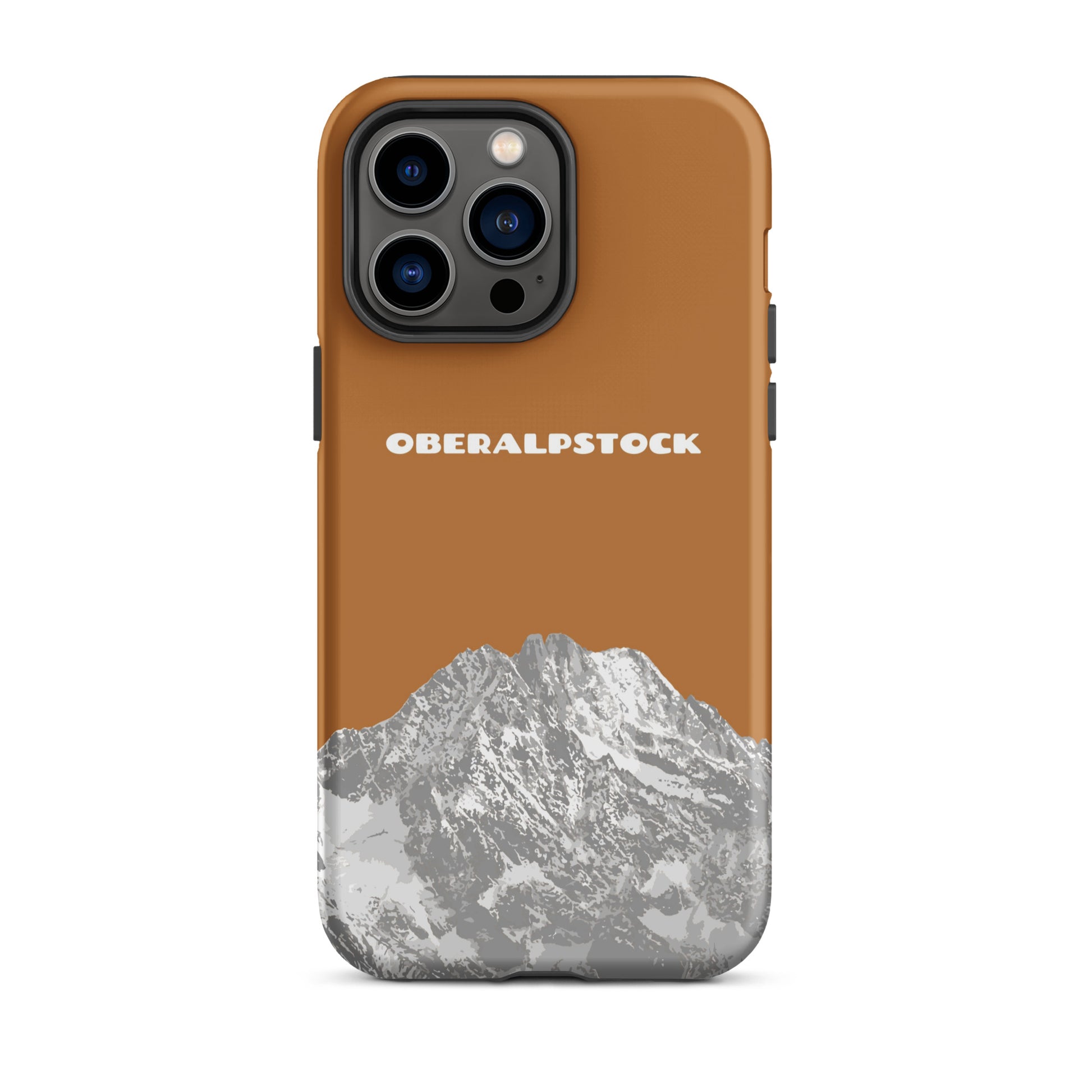 Kupferfarbene iPhone 14 Pro Max Hülle mit Oberalpstock-Motiv aus Graubünden