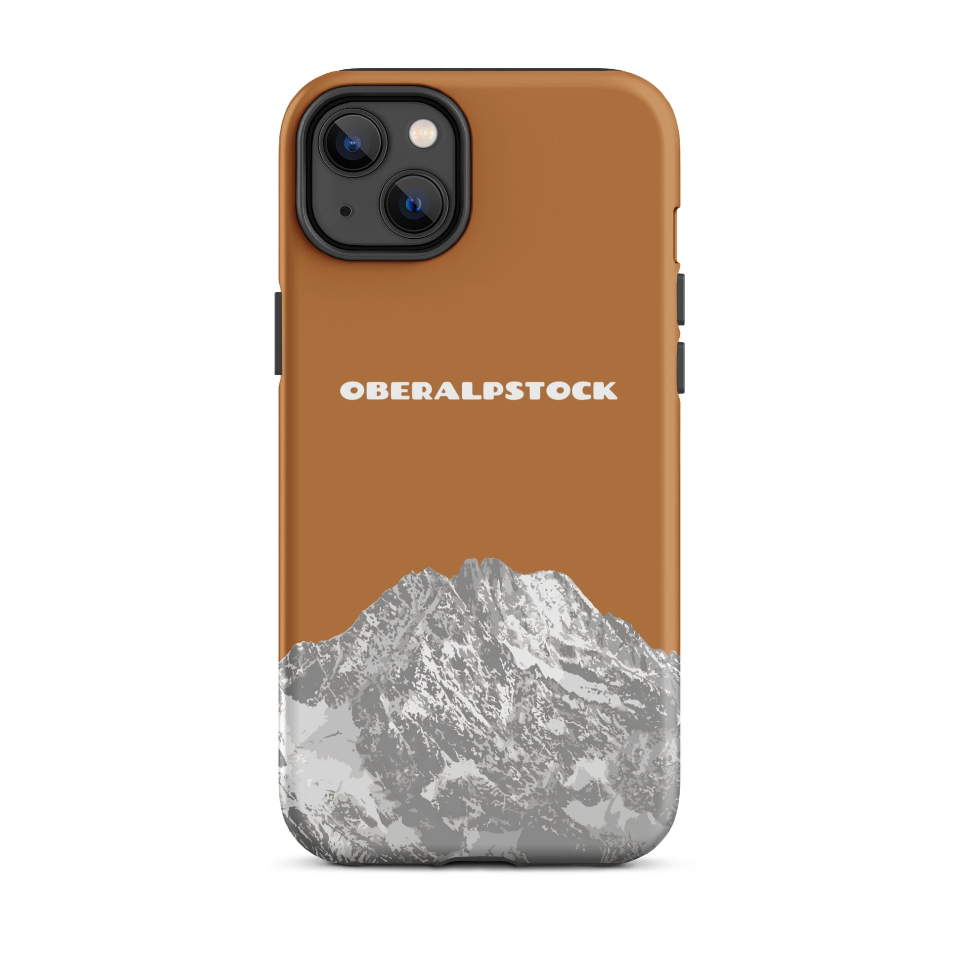 Kupferfarbene iPhone 14 Plus Hülle mit Oberalpstock-Motiv aus Graubünden, Schweiz.