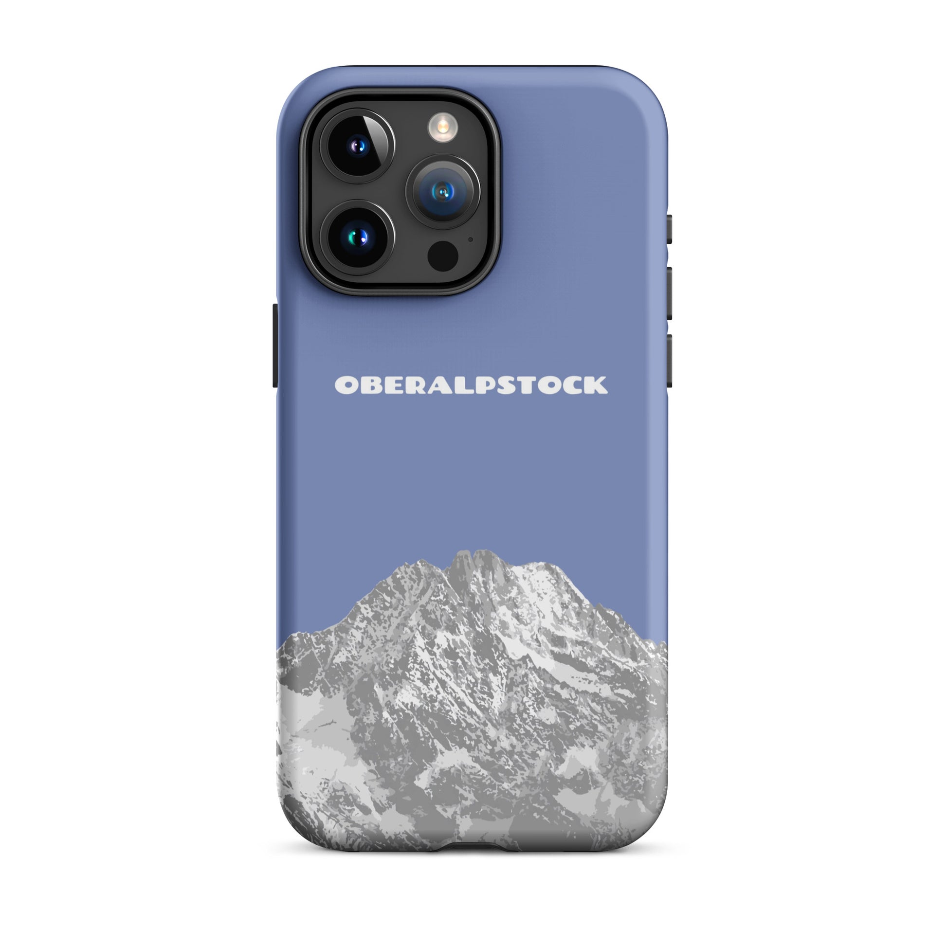 Pastellblaue iPhone 15 Pro Max Hülle mit Oberalpstock-Motiv aus Graubünden. Schutzhülle aus robustem Material.