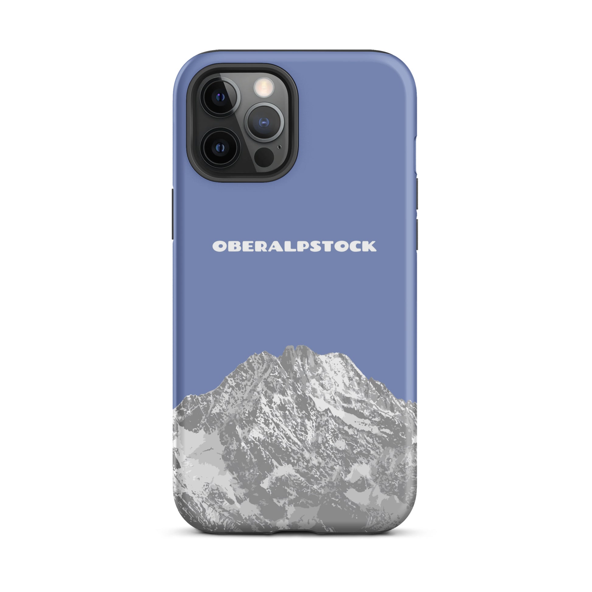 Pastellblaue iPhone 12 Pro Max Hülle mit Oberalpstock-Motiv aus Graubünden, Silikon.