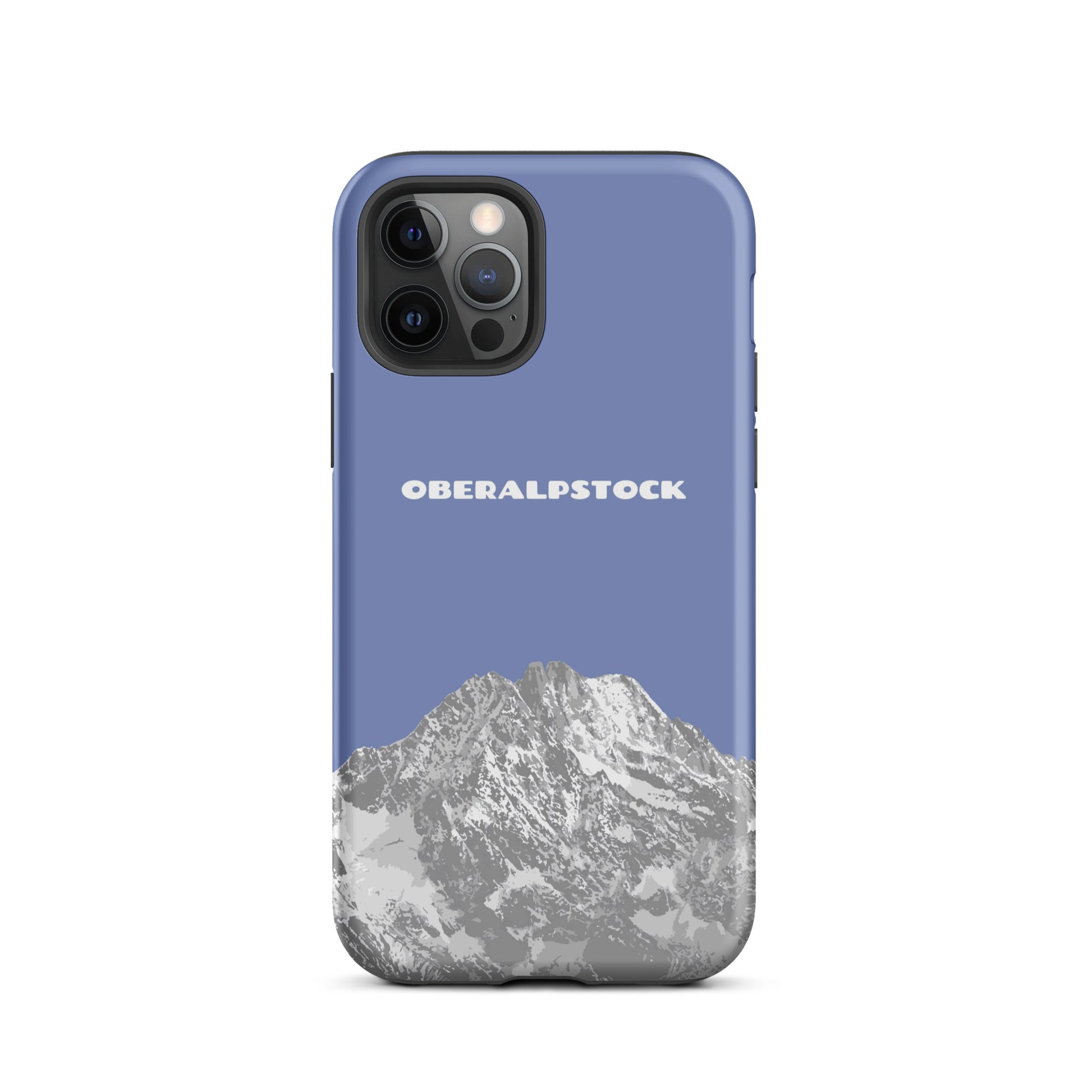 iPhone 12 Pro Case in Pastellblau mit Oberalpstock-Motiv aus Graubünden, Silikonhülle.