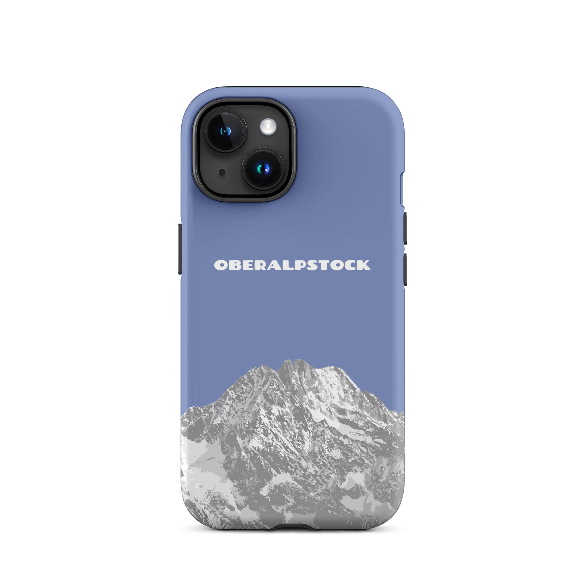iPhone 15 Hülle in Pastellblau mit Oberalpstock-Motiv aus Graubünden, stoßfest und schlank.