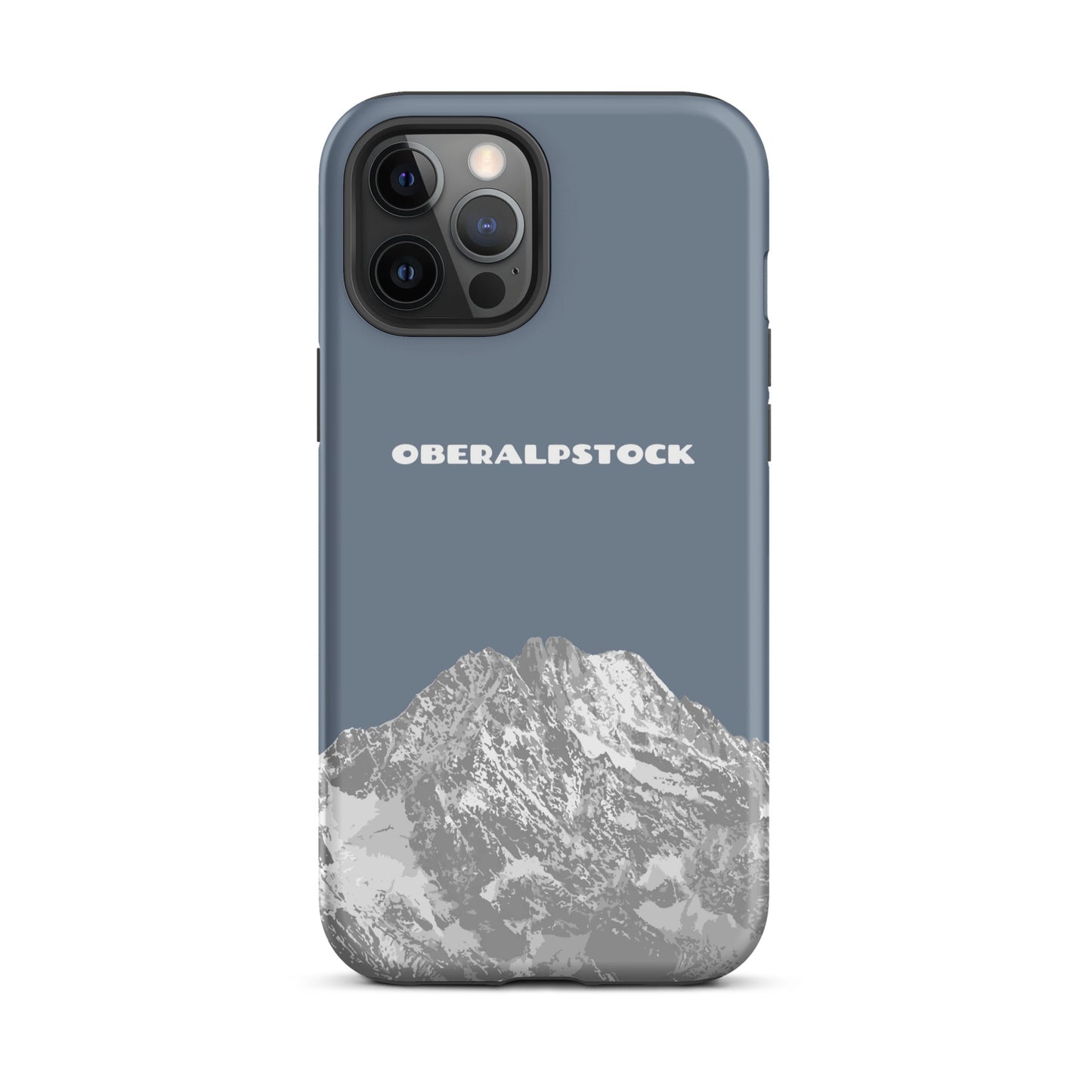 Schiefergraue iPhone 12 Pro Max Hülle mit Oberalpstock-Design aus Graubünden.